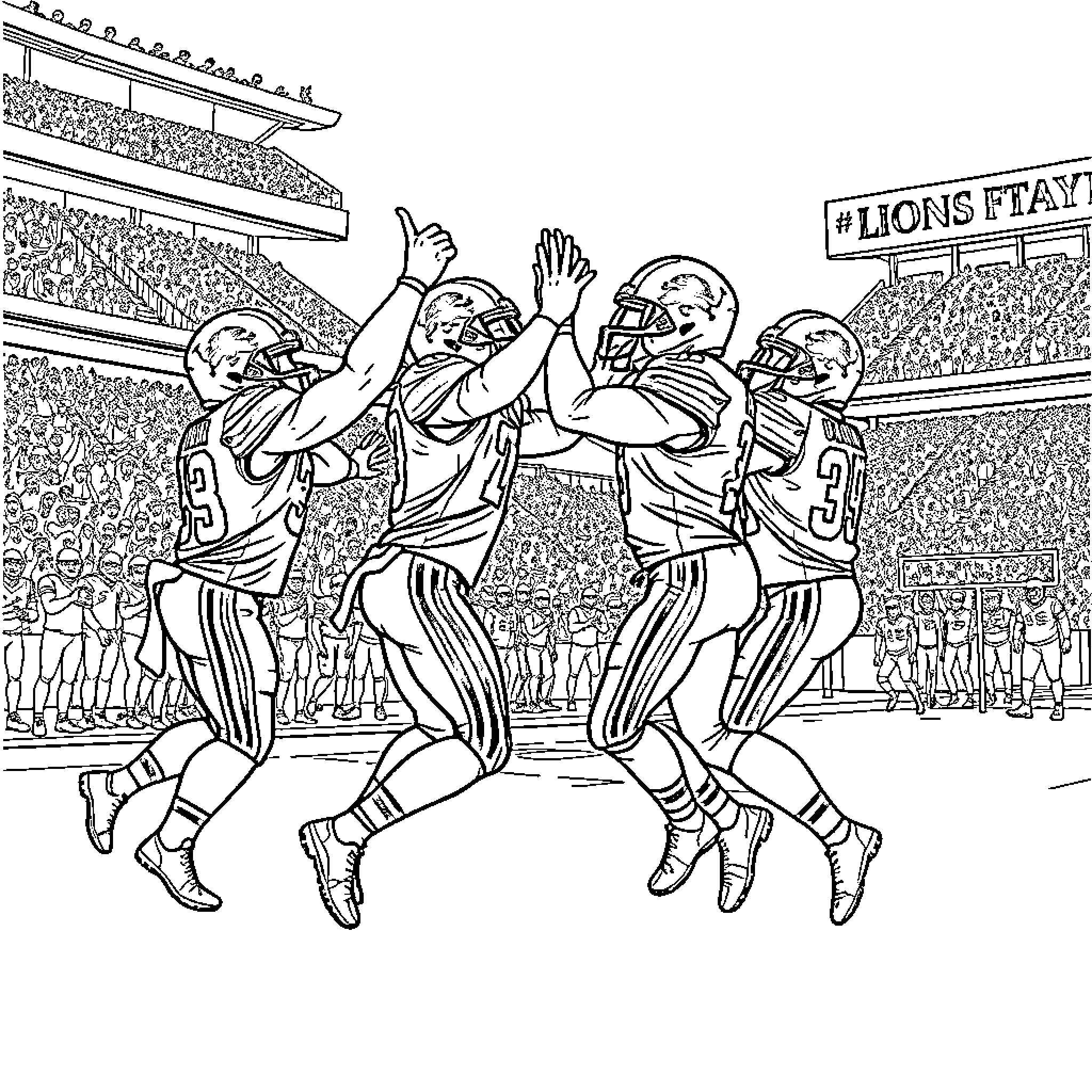 Lion team celebrating victory in stadium Coloring Page (free black-and-white line drawing printable PDF for all, from beginners to advanced learners, including children, teens, adults, and seniors)