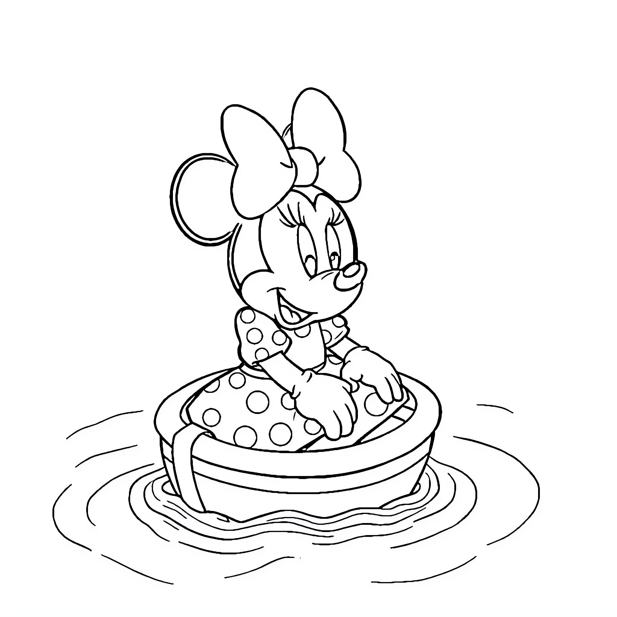 Minnie enjoying a relaxing time in the water Coloring Page (free black-and-white line drawing printable PDF for all, from beginners to advanced learners, including children, teens, adults, and seniors)