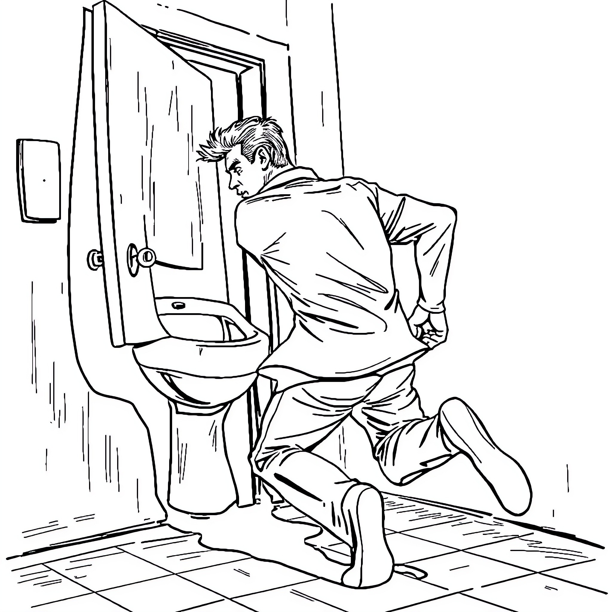 Man sitting in distress on the bathroom floor Coloring Page (free black-and-white line drawing printable PDF for all, from beginners to advanced learners, including children, teens, adults, and seniors)