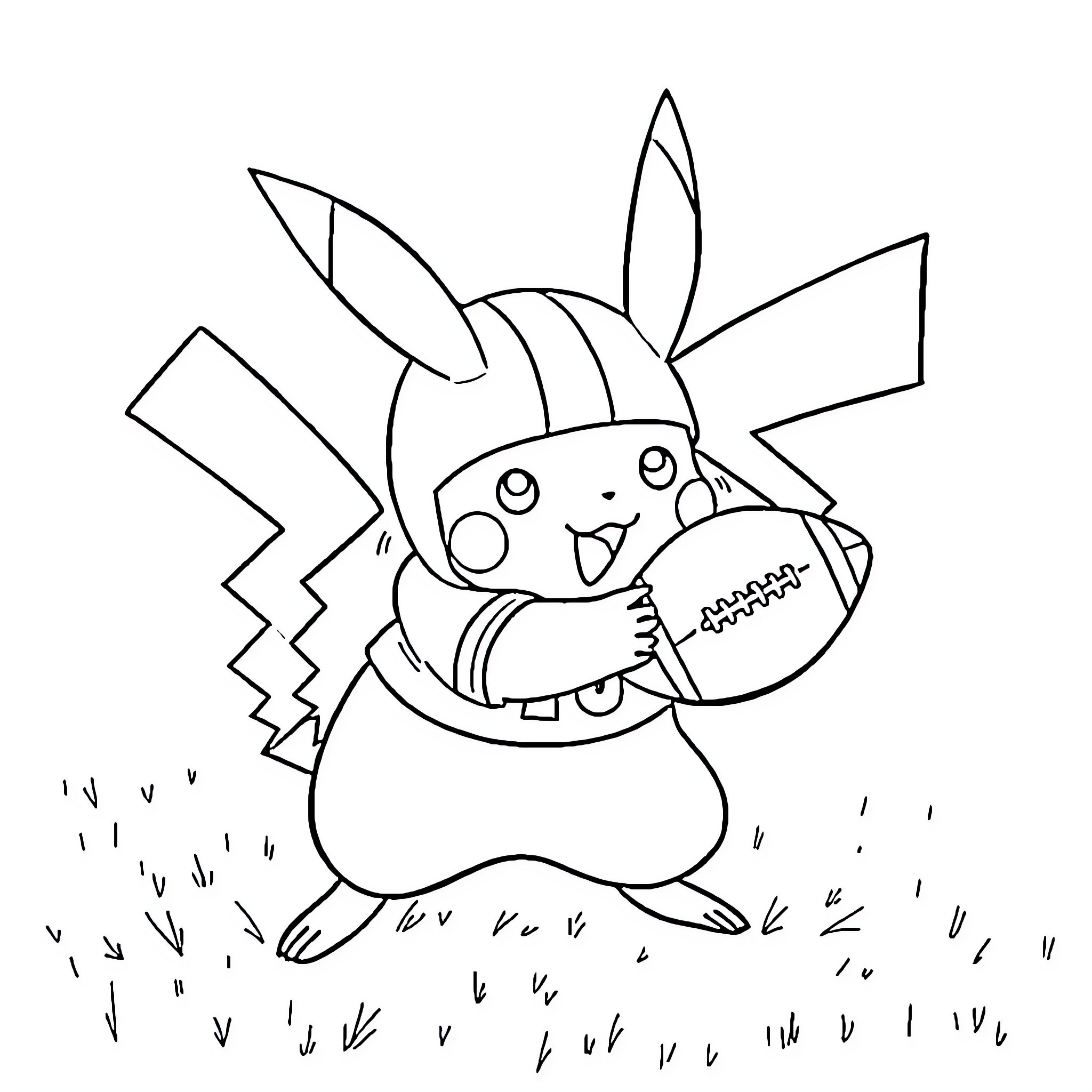 Pikachu playing with a football Coloring Page (free black-and-white line drawing printable PDF for all, from beginners to advanced learners, including children, teens, adults, and seniors)