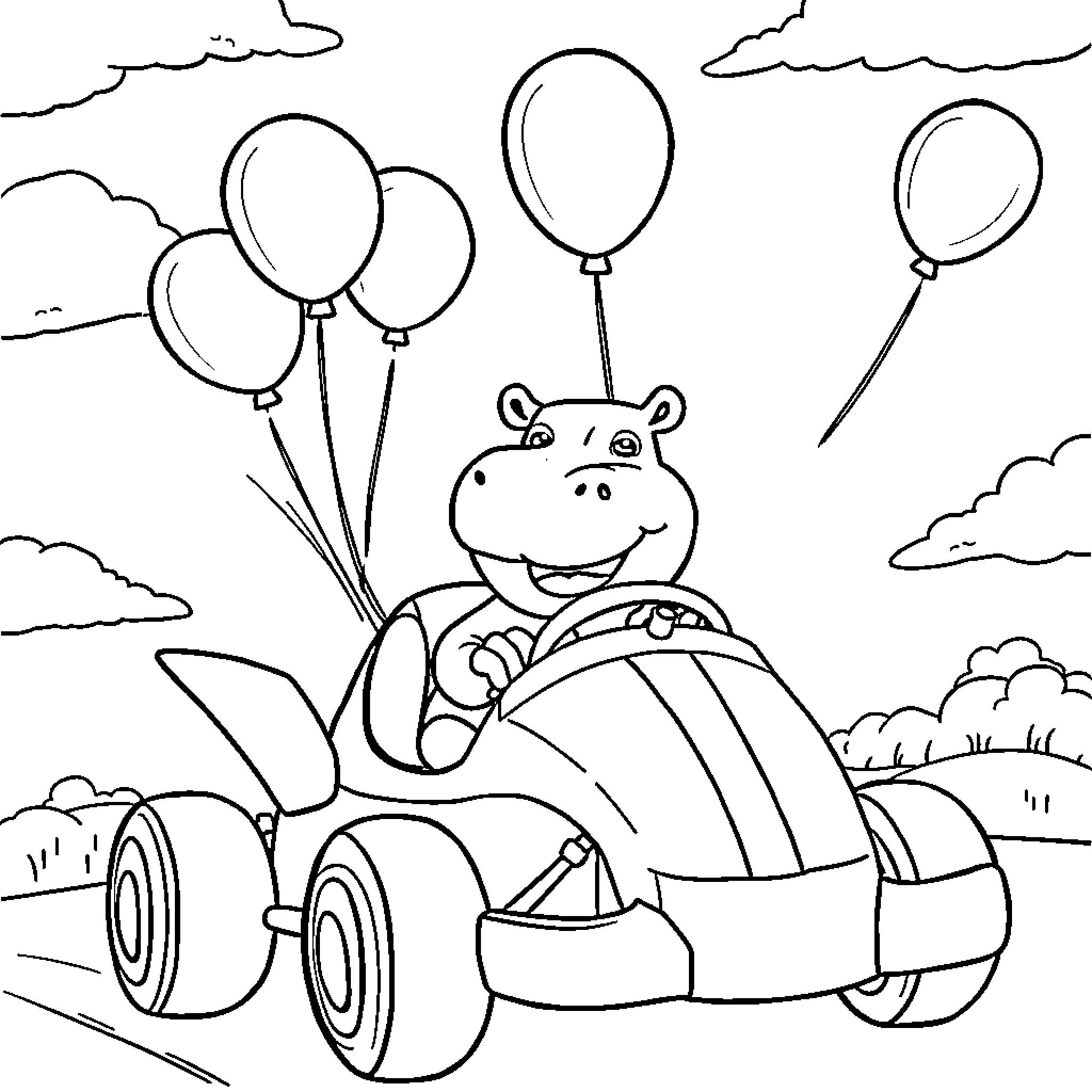 Hippopotamus driving car happily with balloons Coloring Page (free black-and-white line drawing printable PDF for all, from beginners to advanced learners, including children, teens, adults, and seniors)