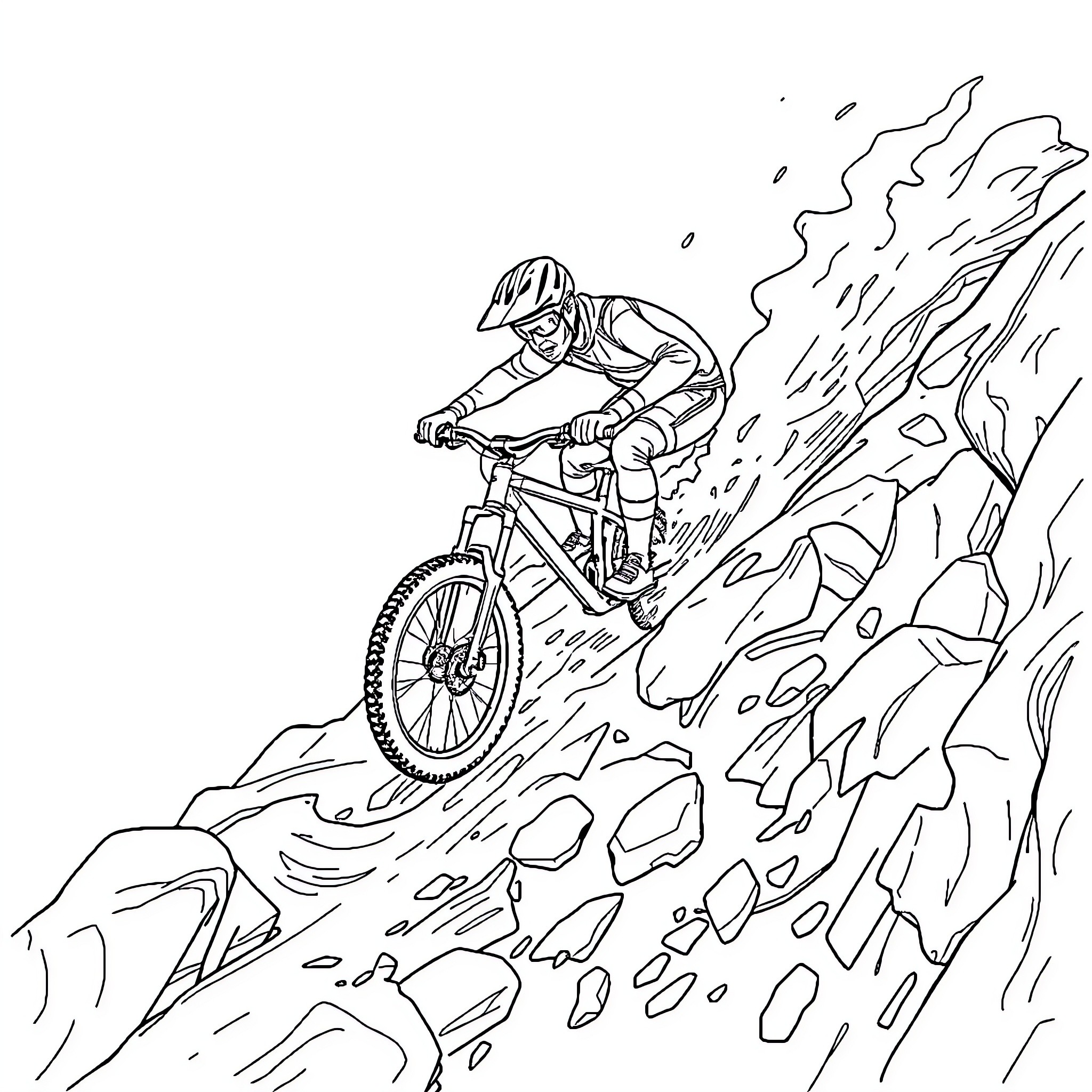 Bike rider tackling a challenging mountain trail Coloring Page (free black-and-white line drawing printable PDF for all, from beginners to advanced learners, including children, teens, adults, and seniors)