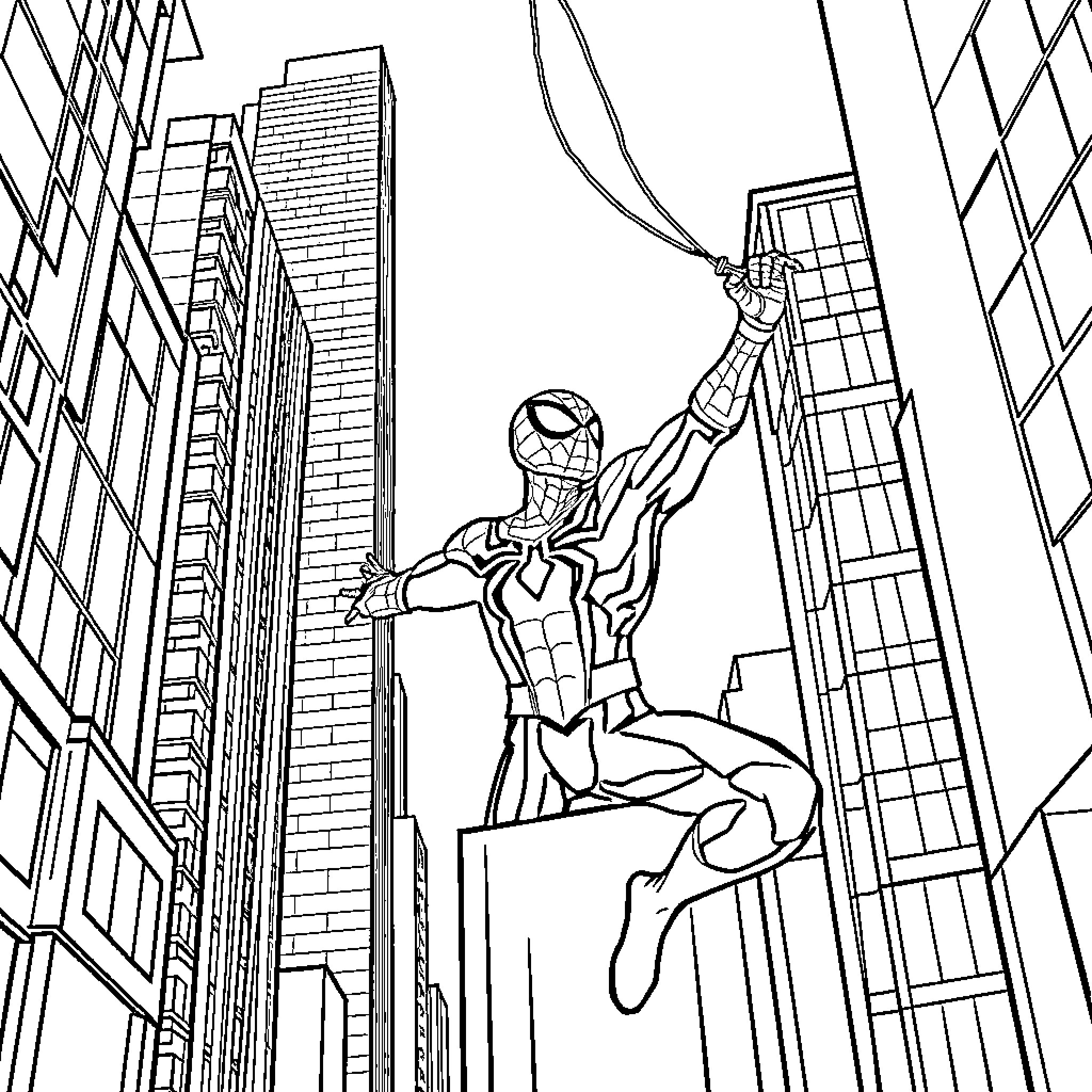 Spiderman swinging through the city skyline Coloring Page (free black-and-white line drawing printable PDF for all, from beginners to advanced learners, including children, teens, adults, and seniors)