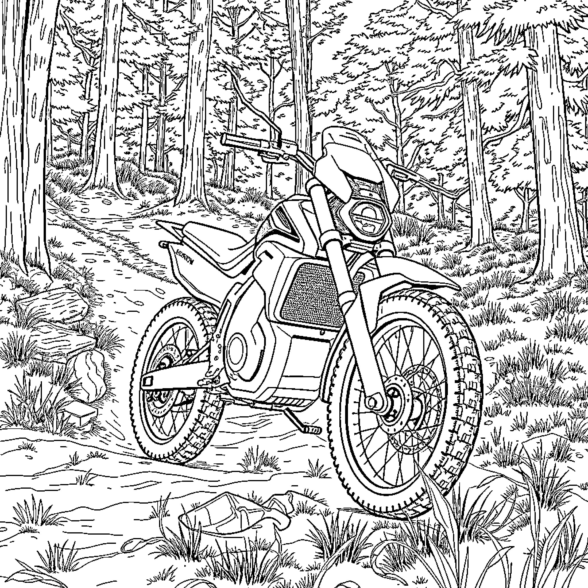 Sur-Ron electric motorcycle navigating forest trail Coloring Page (free black-and-white line drawing printable PDF for all, from beginners to advanced learners, including children, teens, adults, and seniors)