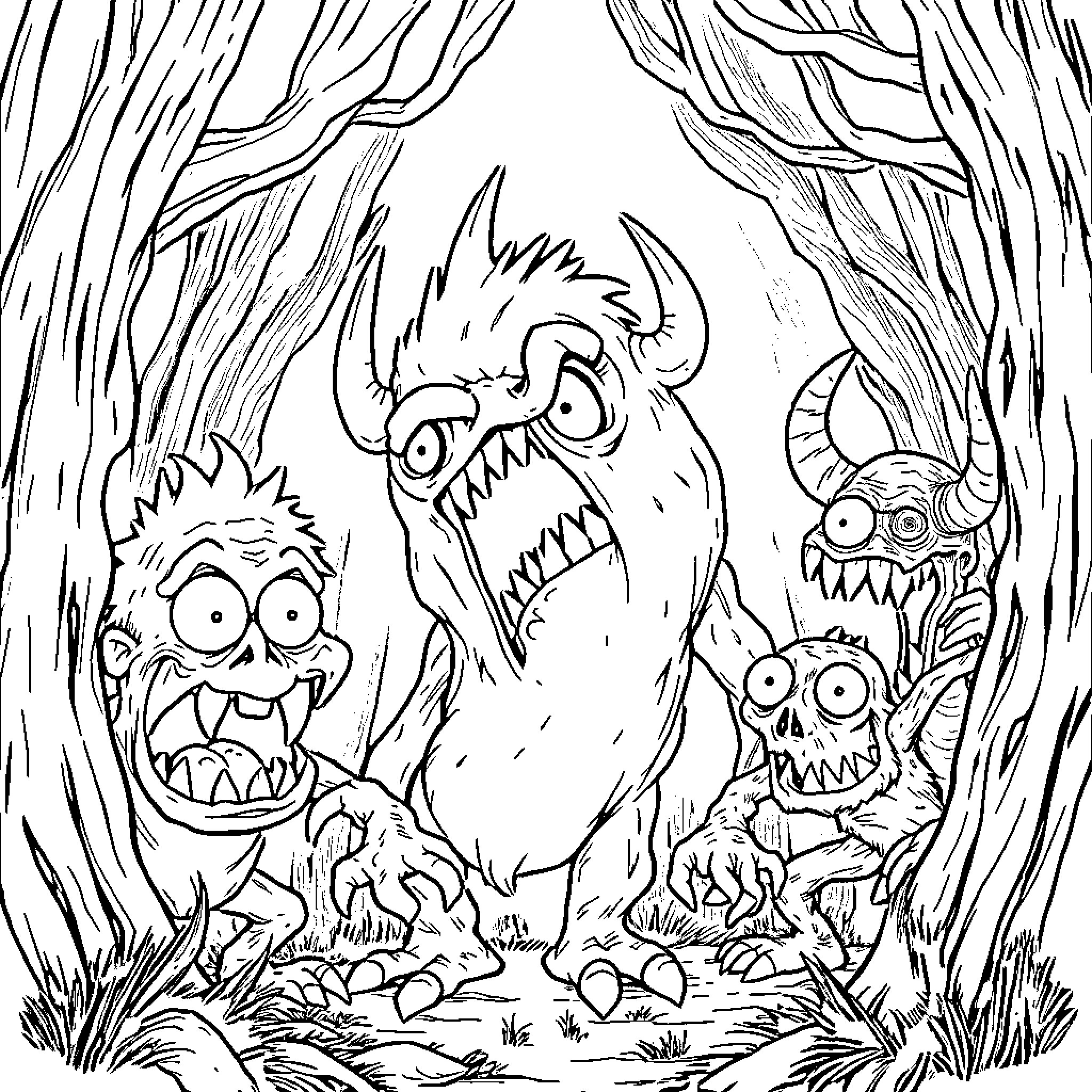 Monster Trio's Creepy Encounter in the Forest Coloring Page (free black-and-white line drawing printable PDF for all, from beginners to advanced learners, including children, teens, adults, and seniors)