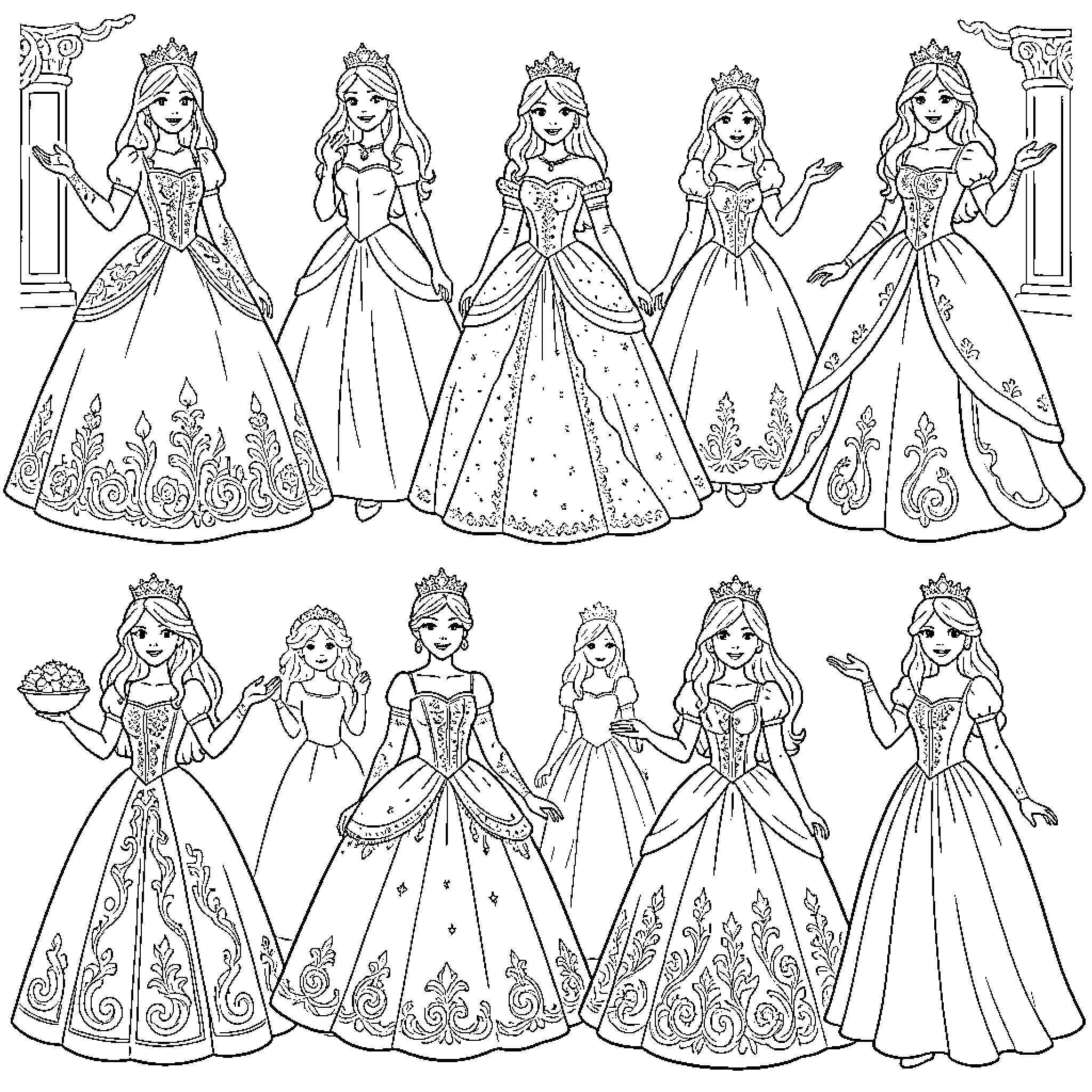 Princesse royal ball gown fashion parade Coloring Page (free black-and-white line drawing printable PDF for all, from beginners to advanced learners, including children, teens, adults, and seniors)