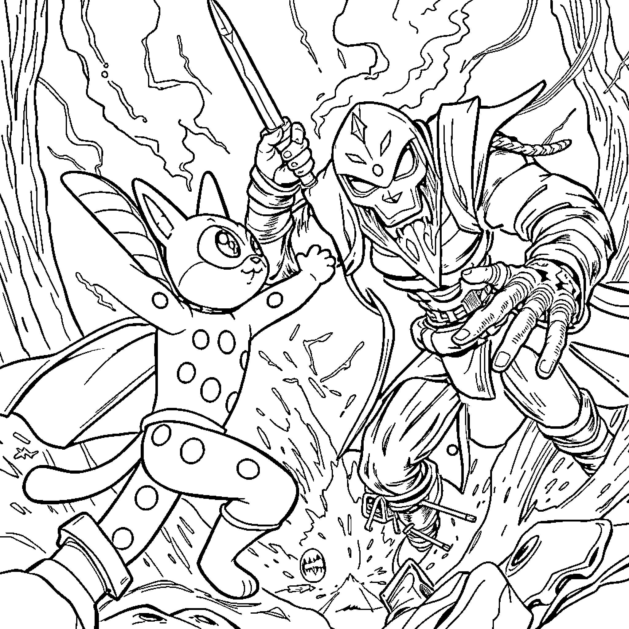 Pat Patrouille characters in an epic battle Coloring Page (free black-and-white line drawing printable PDF for all, from beginners to advanced learners, including children, teens, adults, and seniors)