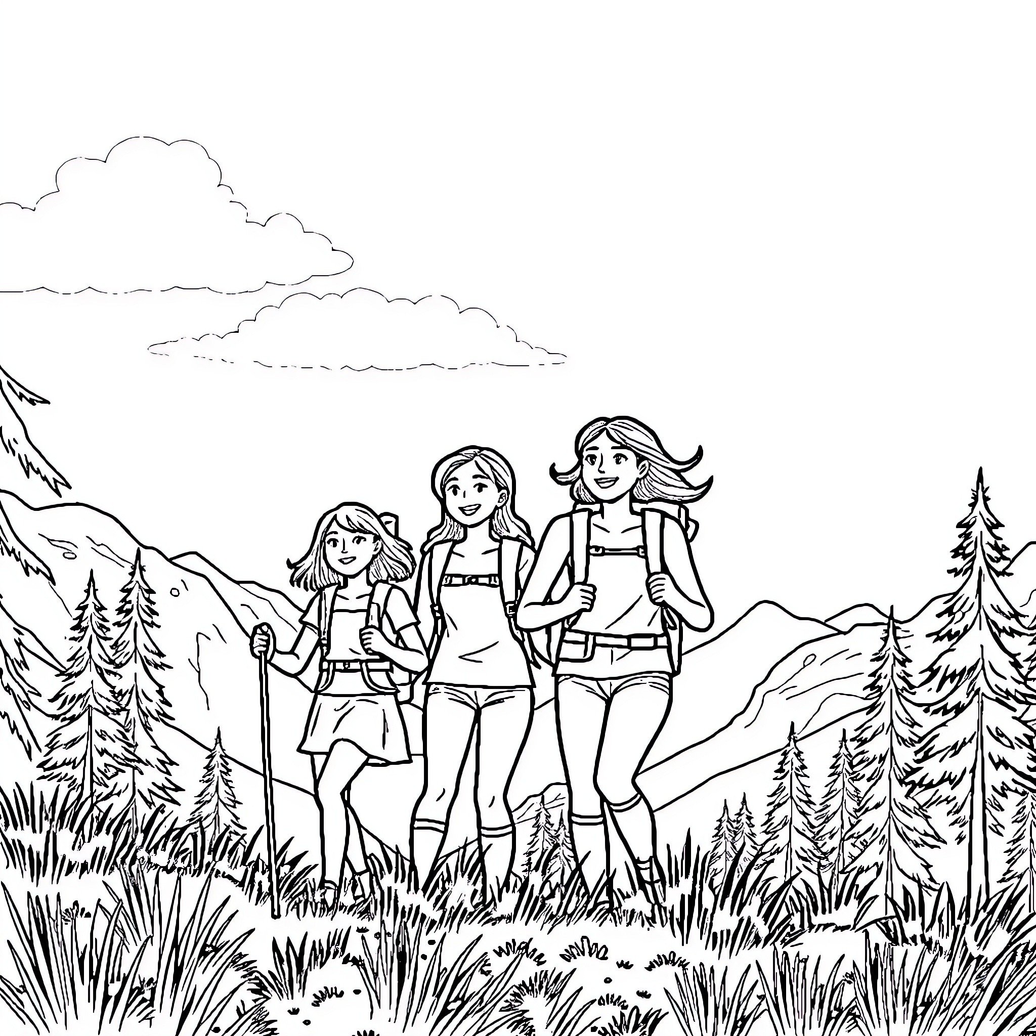Family Hiking Adventure in the Mountains Coloring Page (free black-and-white line drawing printable PDF for all, from beginners to advanced learners, including children, teens, adults, and seniors)