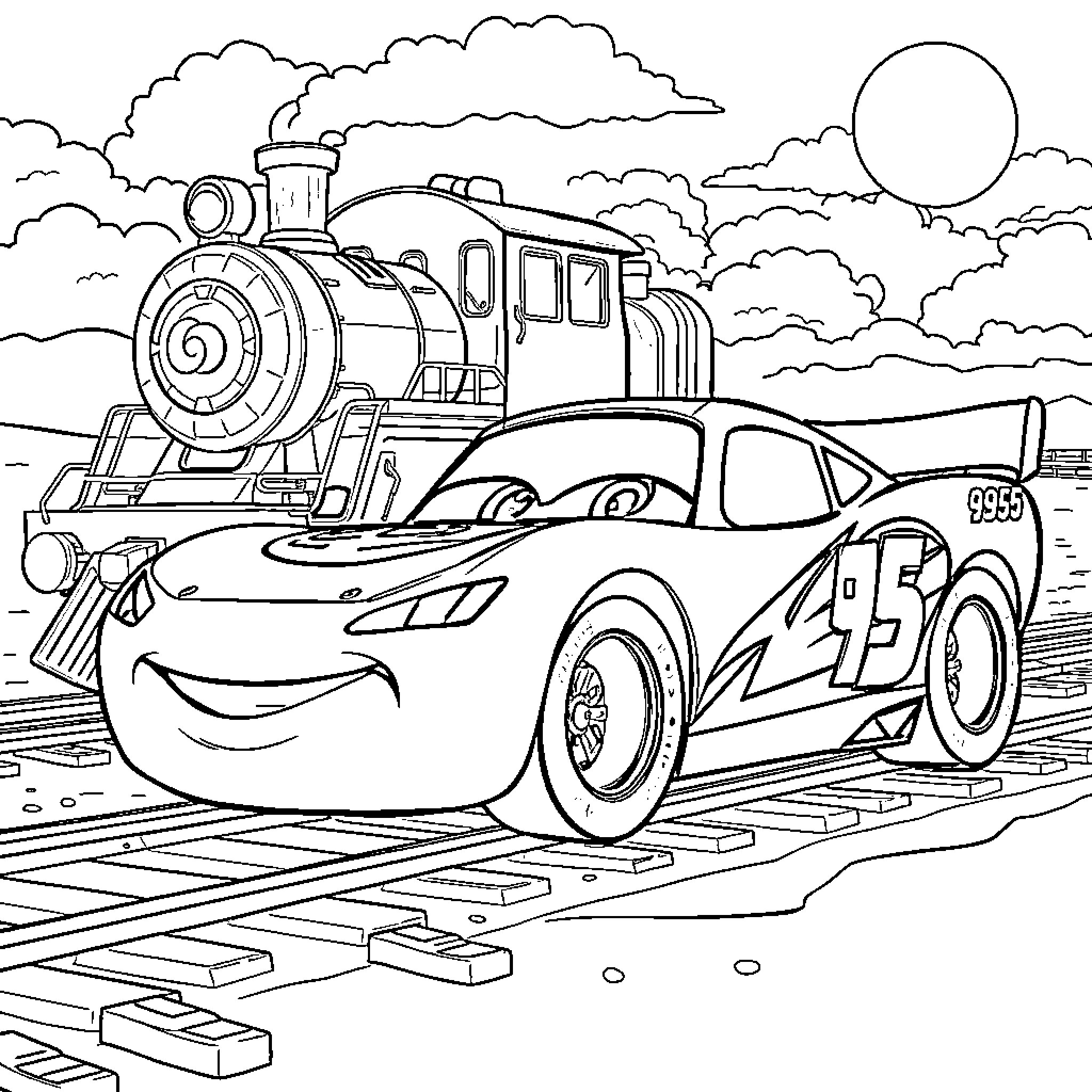 Lightning McQueen racing alongside a locomotive on the tracks Coloring Page (free black-and-white line drawing printable PDF for all, from beginners to advanced learners, including children, teens, adults, and seniors)