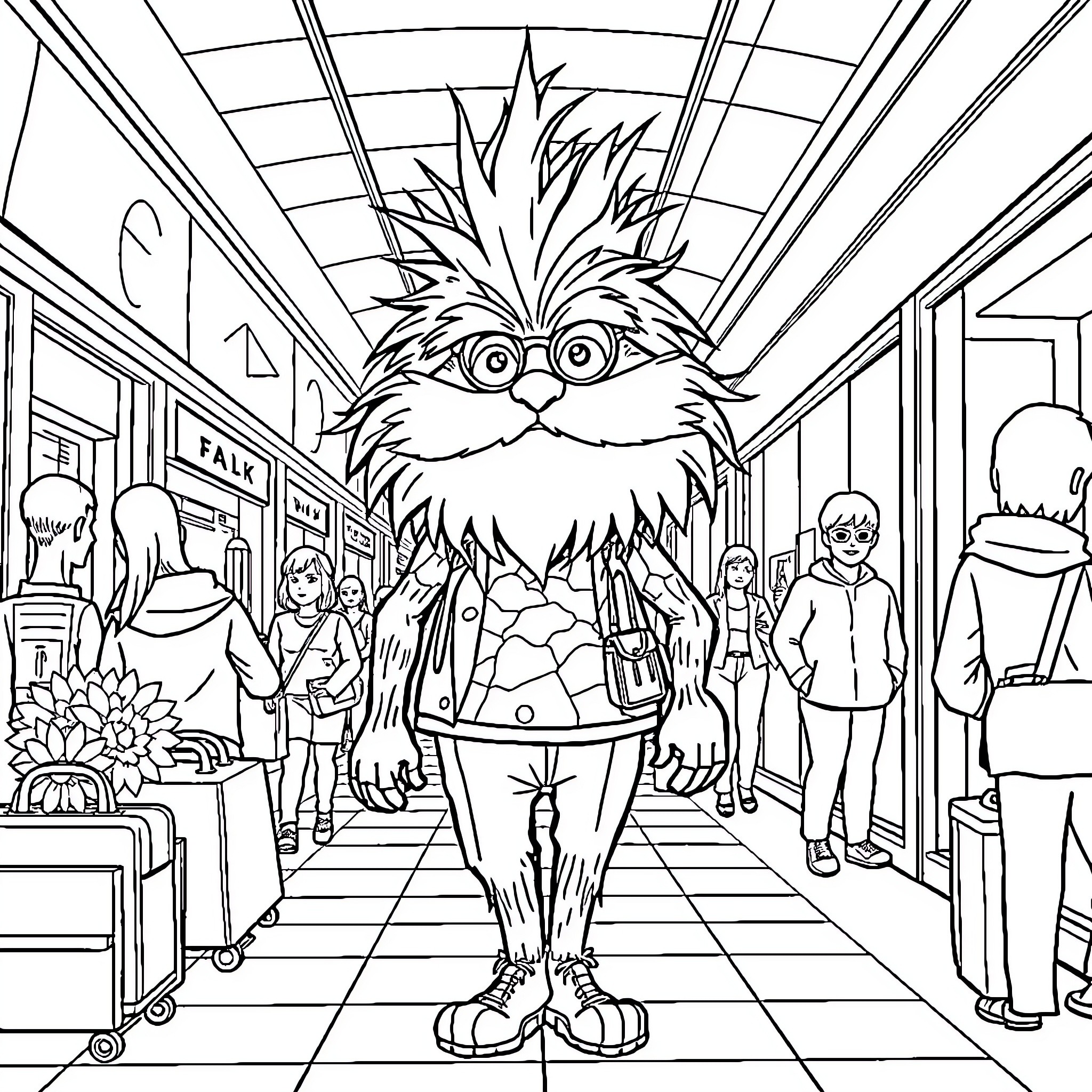 Lorax in a Busy Shopping Mall Coloring Page (free black-and-white line drawing printable PDF for all, from beginners to advanced learners, including children, teens, adults, and seniors)