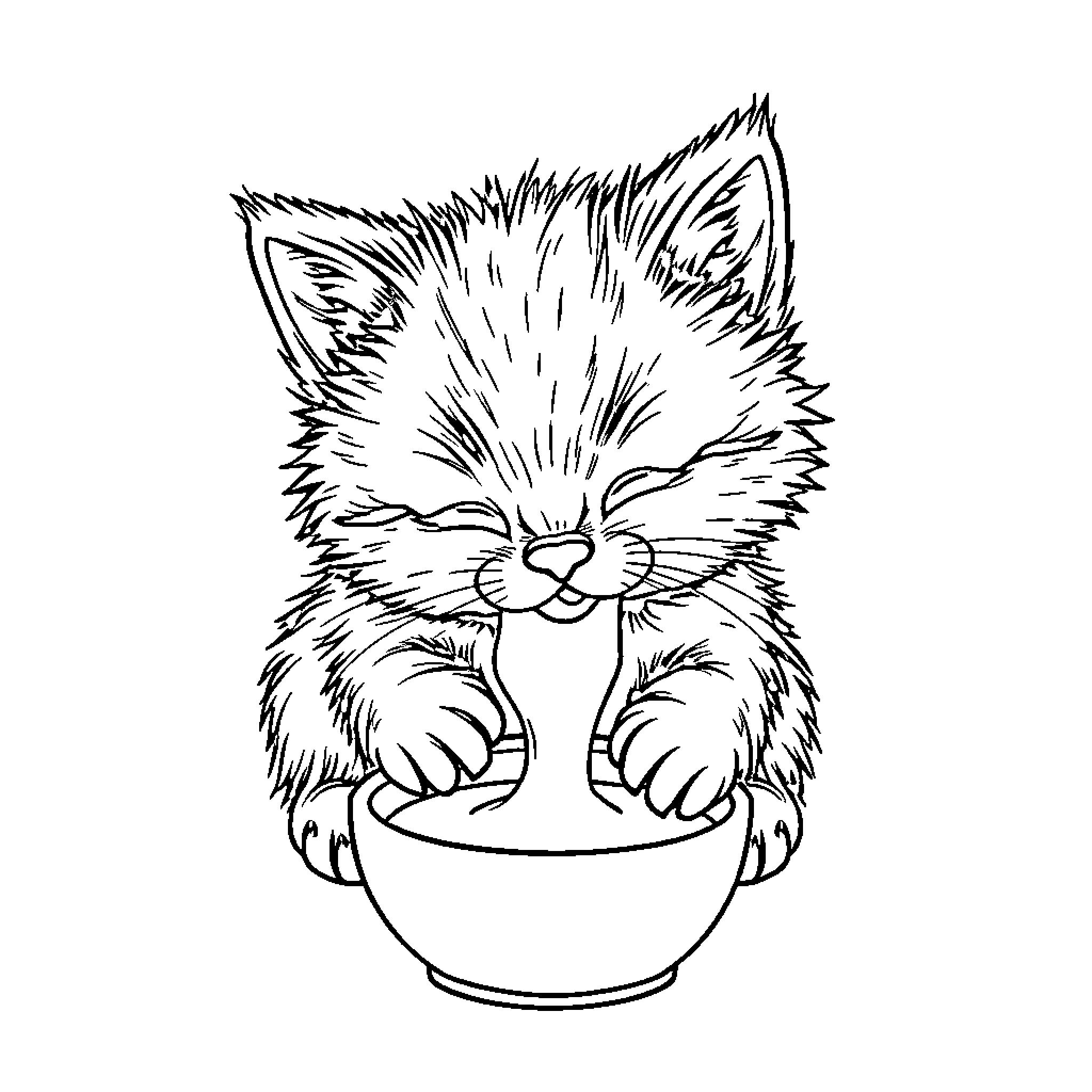 Cat curled up sleeping in a bowl Coloring Page (free black-and-white line drawing printable PDF for all, from beginners to advanced learners, including children, teens, adults, and seniors)