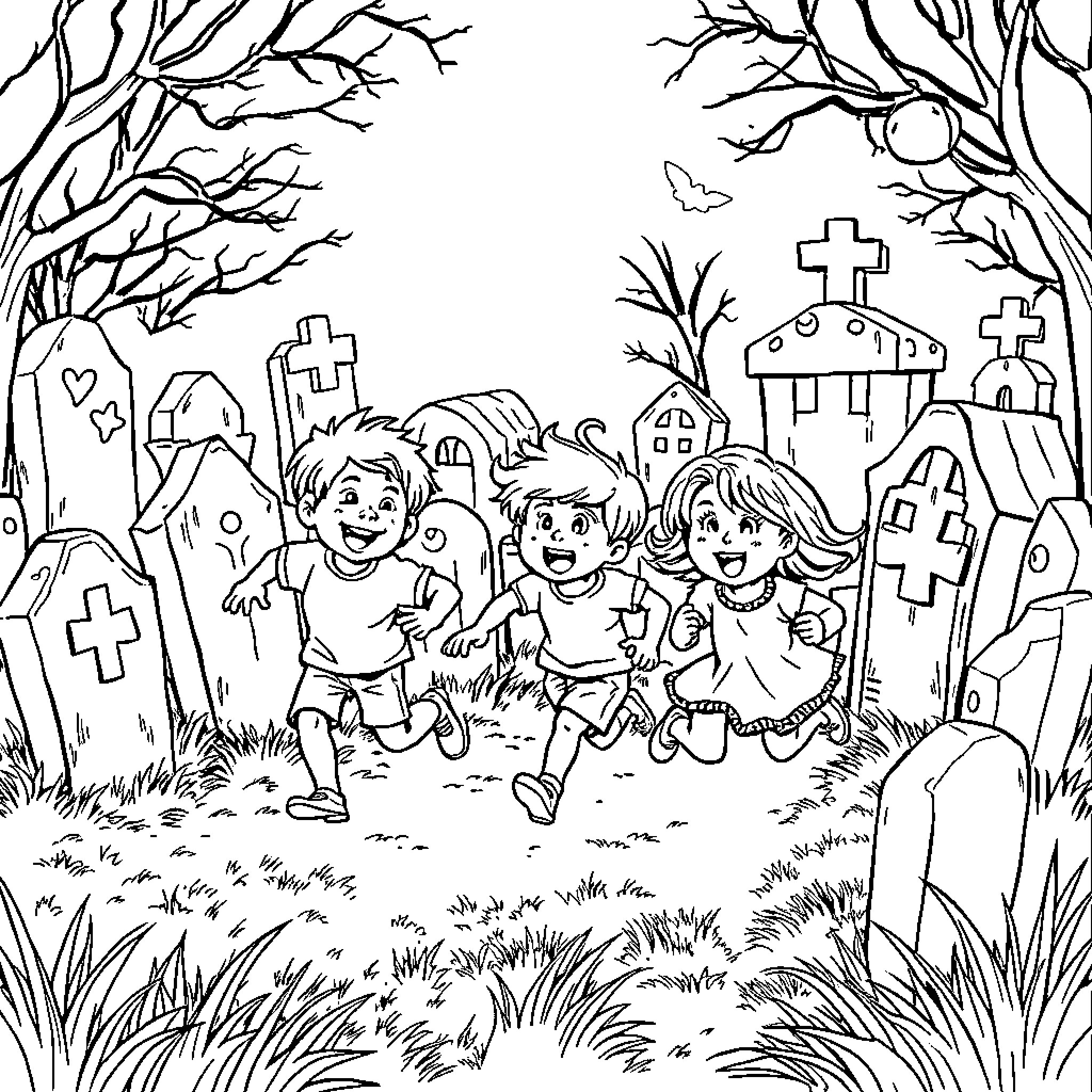 Child playing in spooky graveyard Coloring Page (free black-and-white line drawing printable PDF for all, from beginners to advanced learners, including children, teens, adults, and seniors)