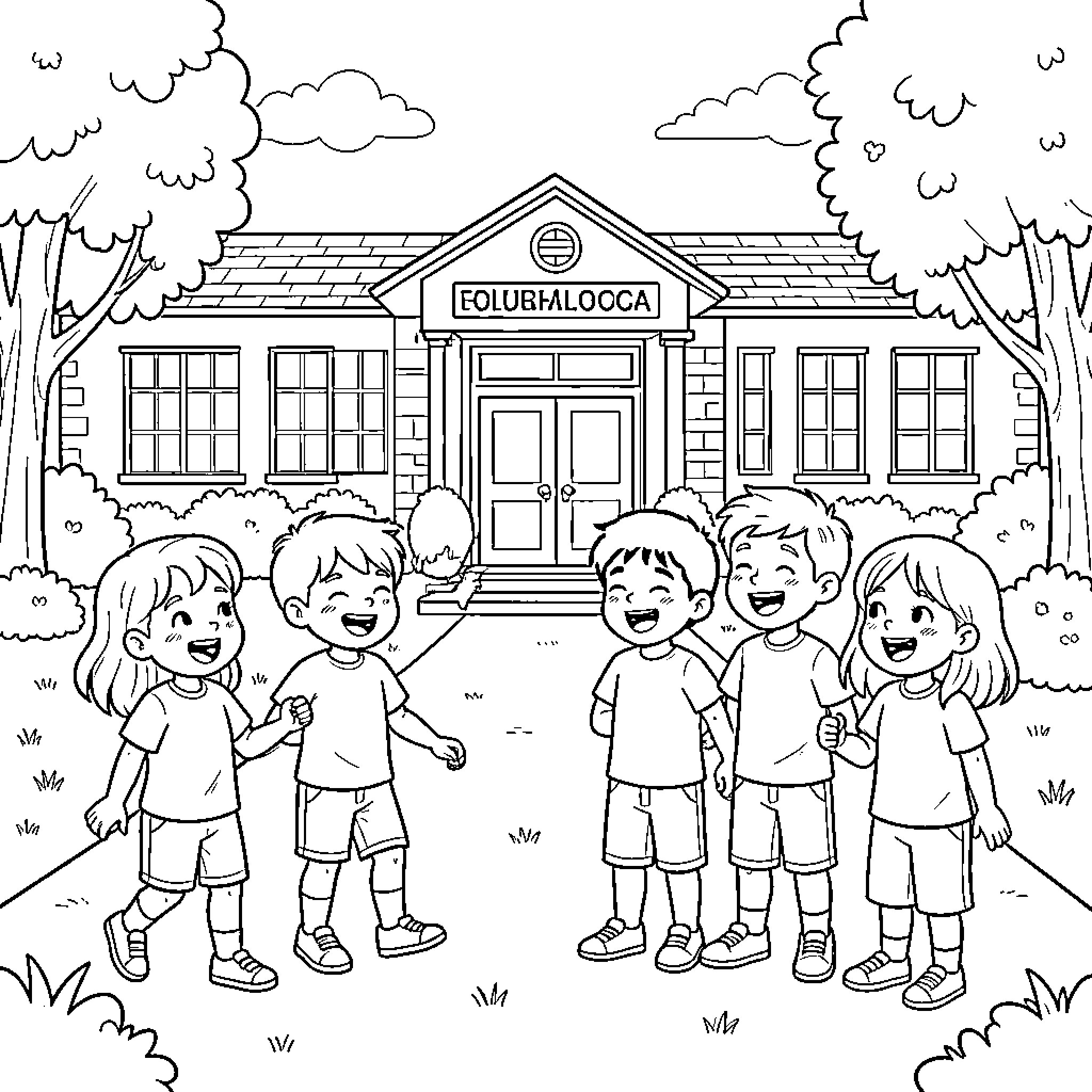 Child friends walking and smiling in front of school Coloring Page (free black-and-white line drawing printable PDF for all, from beginners to advanced learners, including children, teens, adults, and seniors)