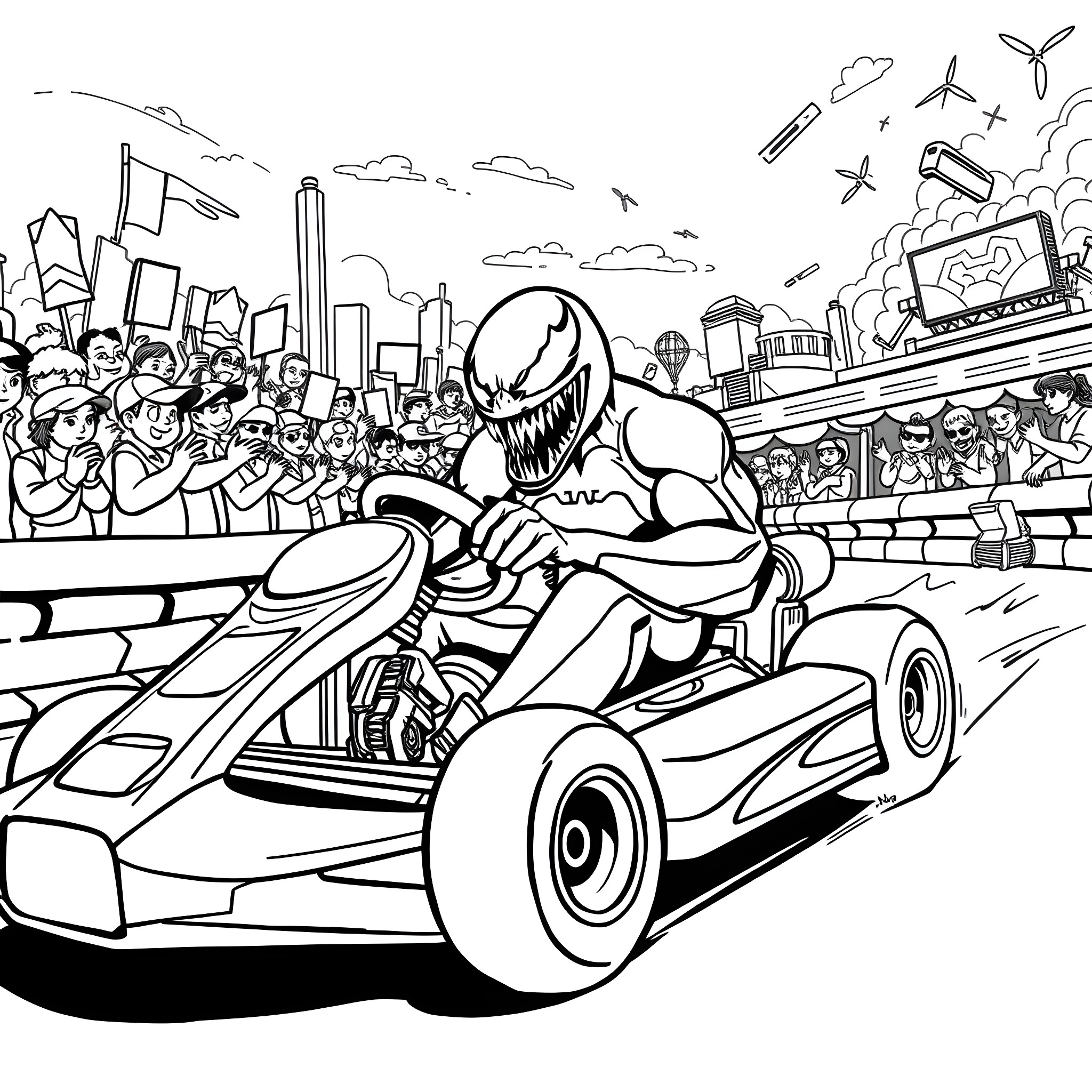 Venom Races Through the City on a Futuristic Motorcycle Coloring Page (free black-and-white line drawing printable PDF for all, from beginners to advanced learners, including children, teens, adults, and seniors)