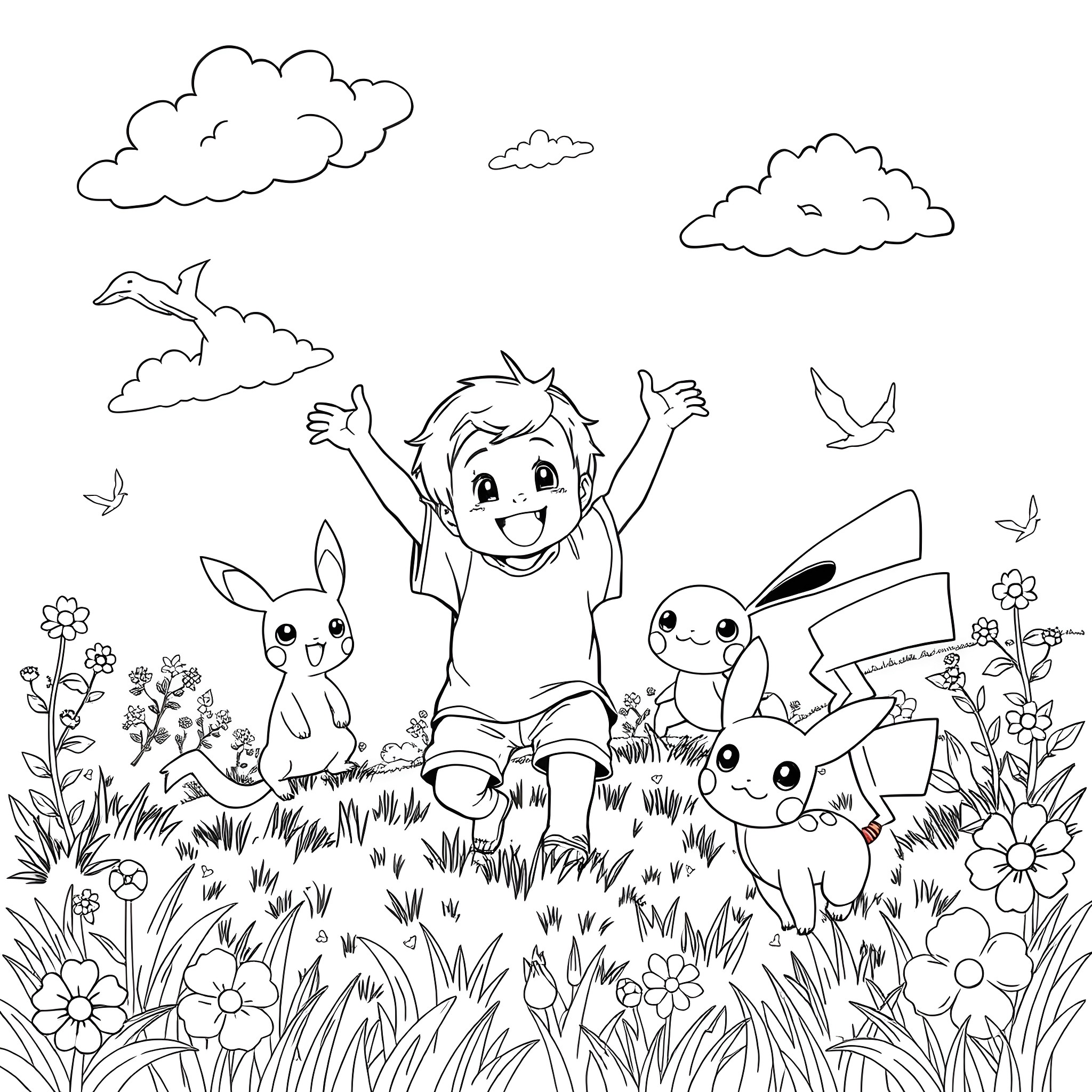 Toddler playing joyfully with cute Pokemon in the meadow Coloring Page (free black-and-white line drawing printable PDF for all, from beginners to advanced learners, including children, teens, adults, and seniors)