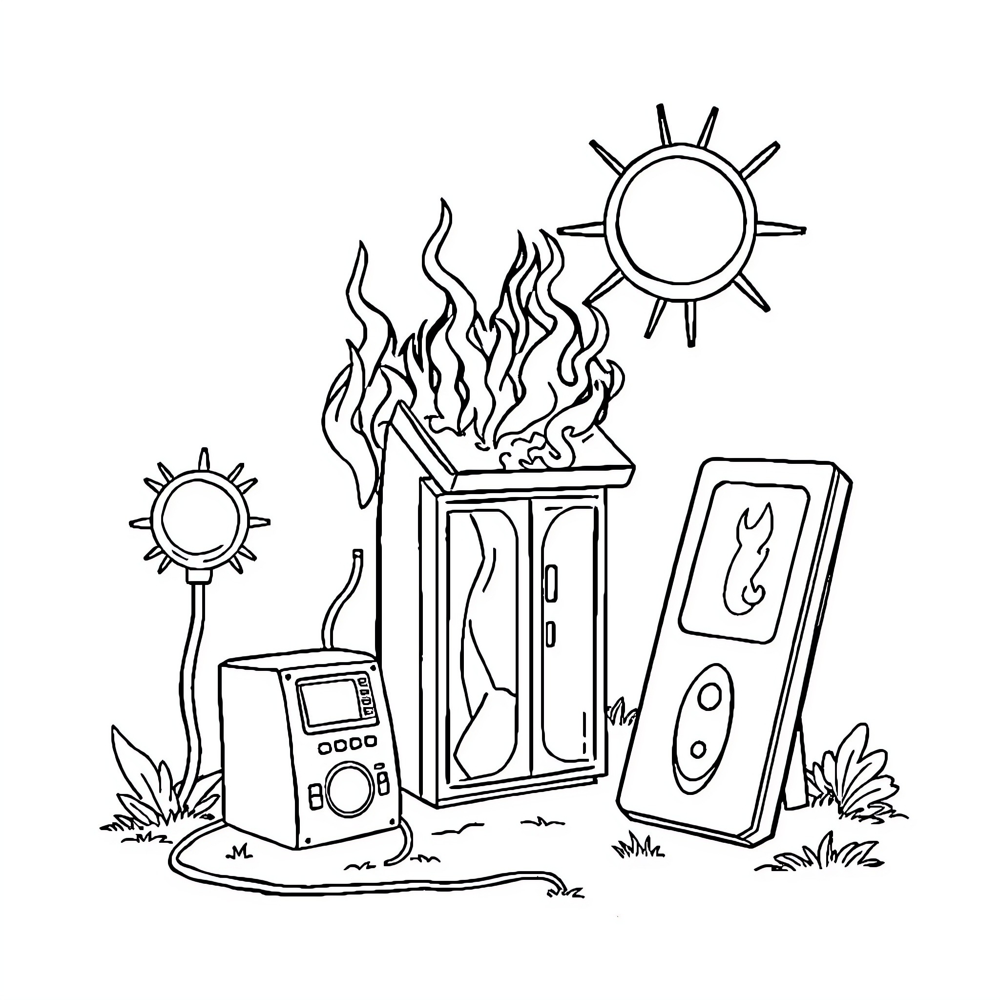 Heat Not Burn Device with flames and electronic devices Coloring Page (free black-and-white line drawing printable PDF for all, from beginners to advanced learners, including children, teens, adults, and seniors)
