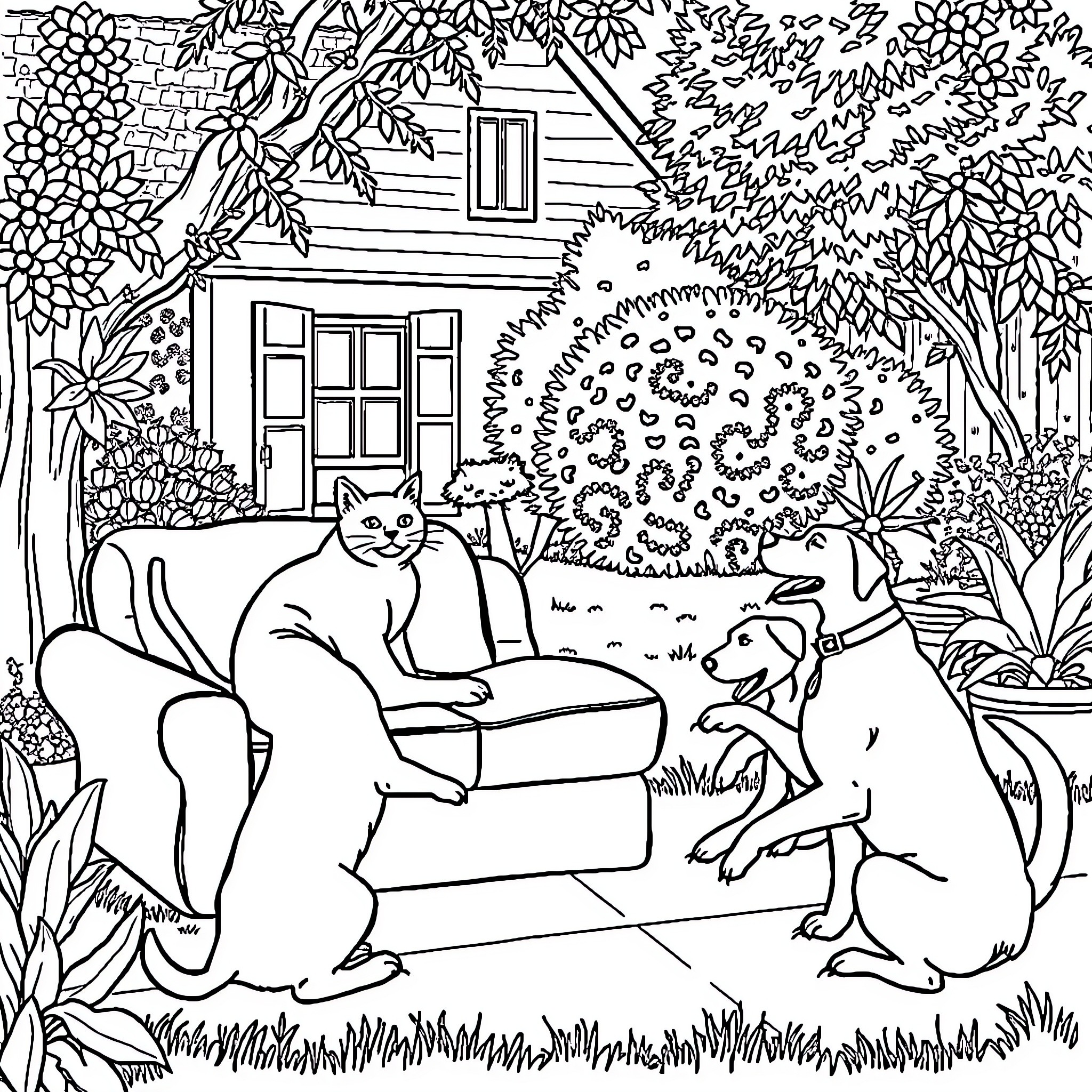 Cat and Dog Relaxing in the Garden Coloring Page (free black-and-white line drawing printable PDF for all, from beginners to advanced learners, including children, teens, adults, and seniors)