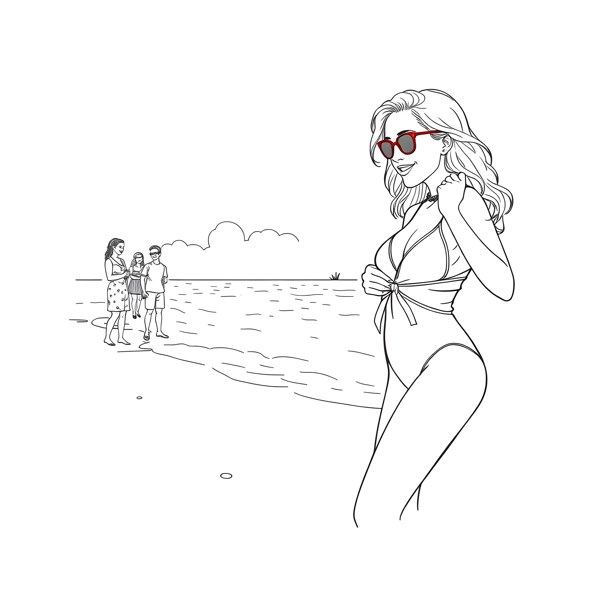 Sydney Sweeney enjoying the beach with friends Coloring Page (free black-and-white line drawing printable PDF for all, from beginners to advanced learners, including children, teens, adults, and seniors)