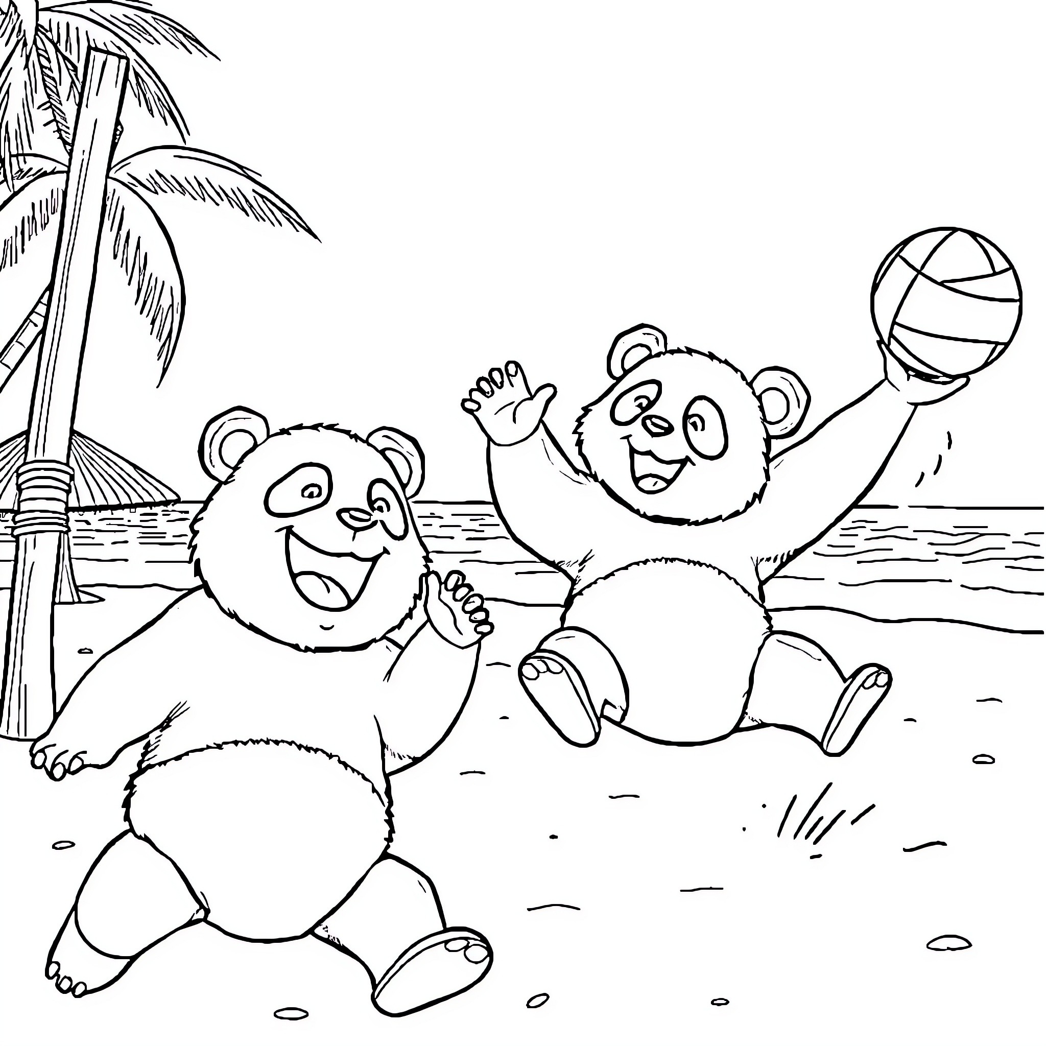 Pandas playing joyfully on the beach Coloring Page (free black-and-white line drawing printable PDF for all, from beginners to advanced learners, including children, teens, adults, and seniors)