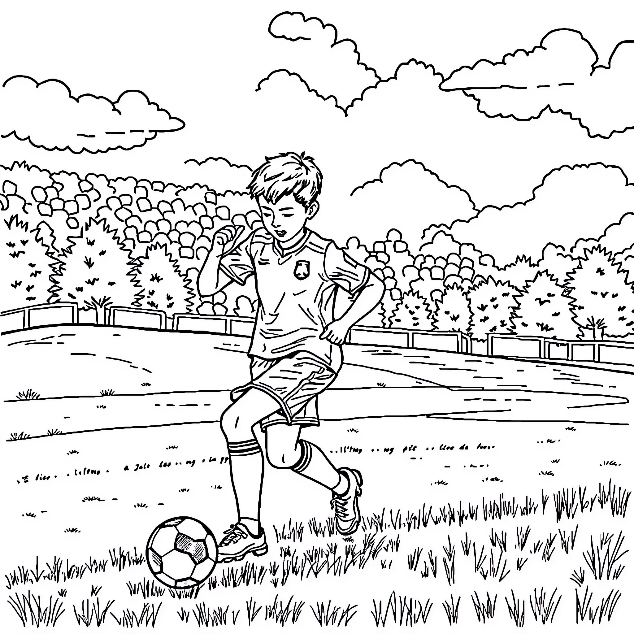 July Morning Outdoor Soccer Game Coloring Page (free black-and-white line drawing printable PDF for all, from beginners to advanced learners, including children, teens, adults, and seniors)