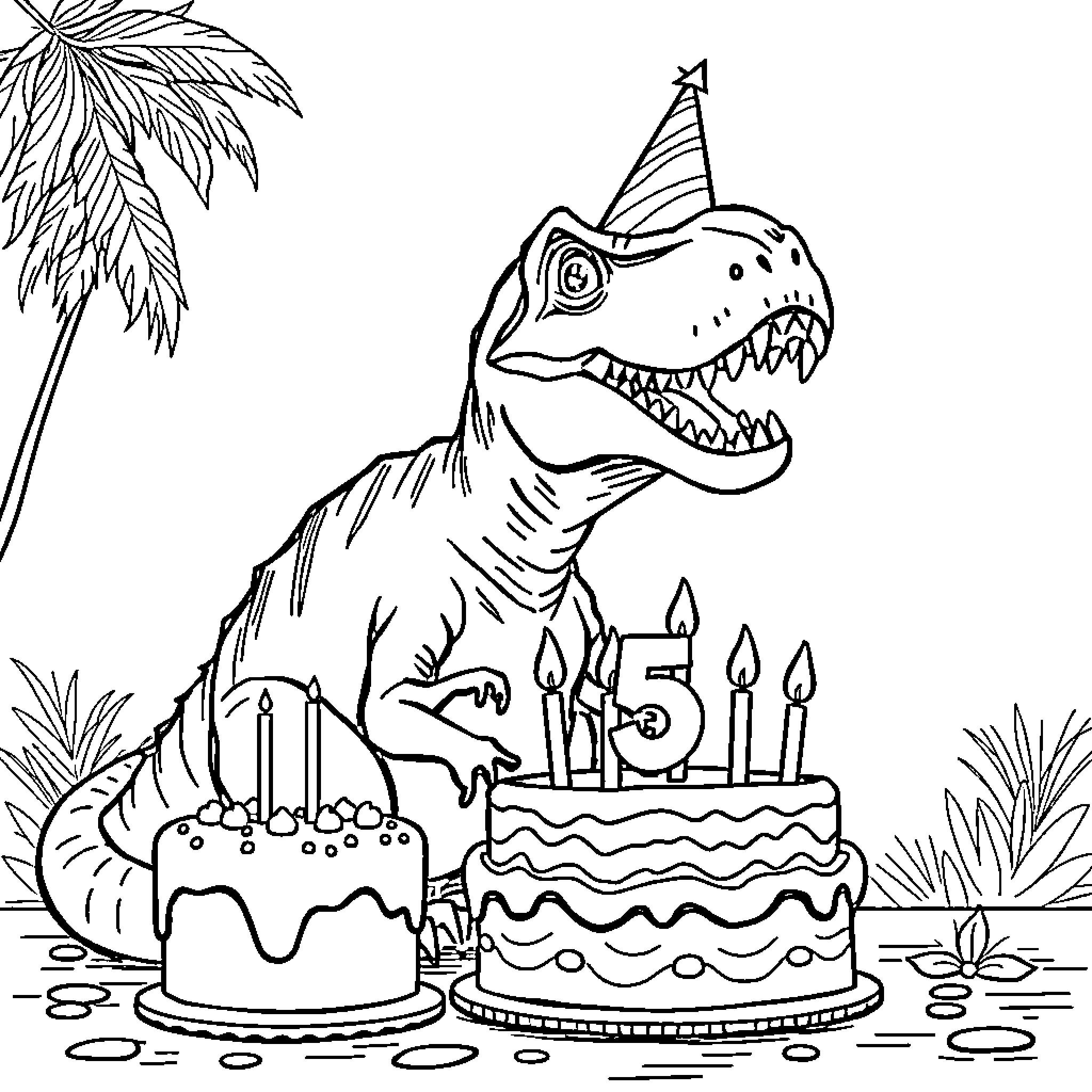 Tyrannosaurus celebrating birthday with cake and party hat Coloring Page (free black-and-white line drawing printable PDF for all, from beginners to advanced learners, including children, teens, adults, and seniors)