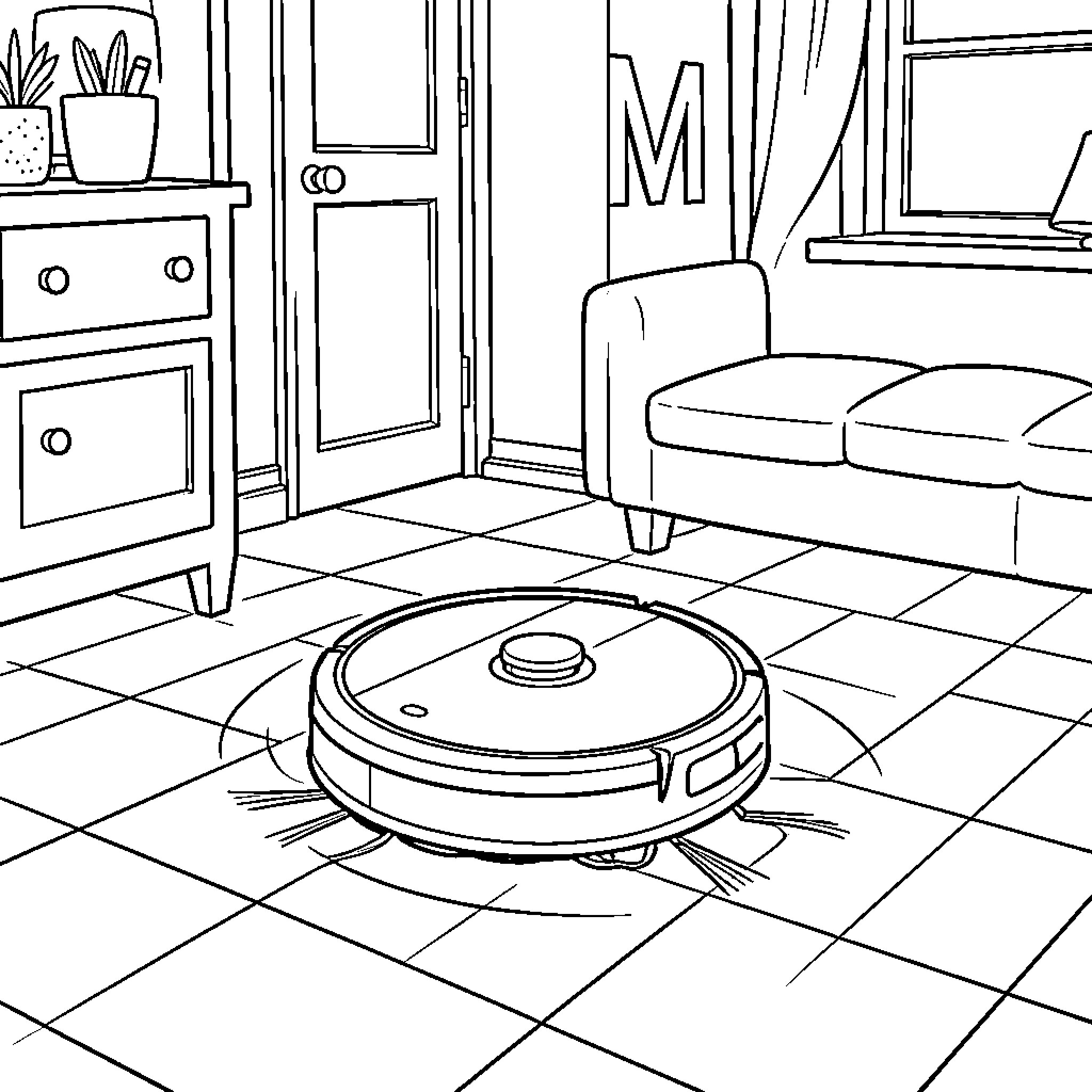 Robot vacuum cleaner cleaning the living room floor Coloring Page (free black-and-white line drawing printable PDF for all, from beginners to advanced learners, including children, teens, adults, and seniors)