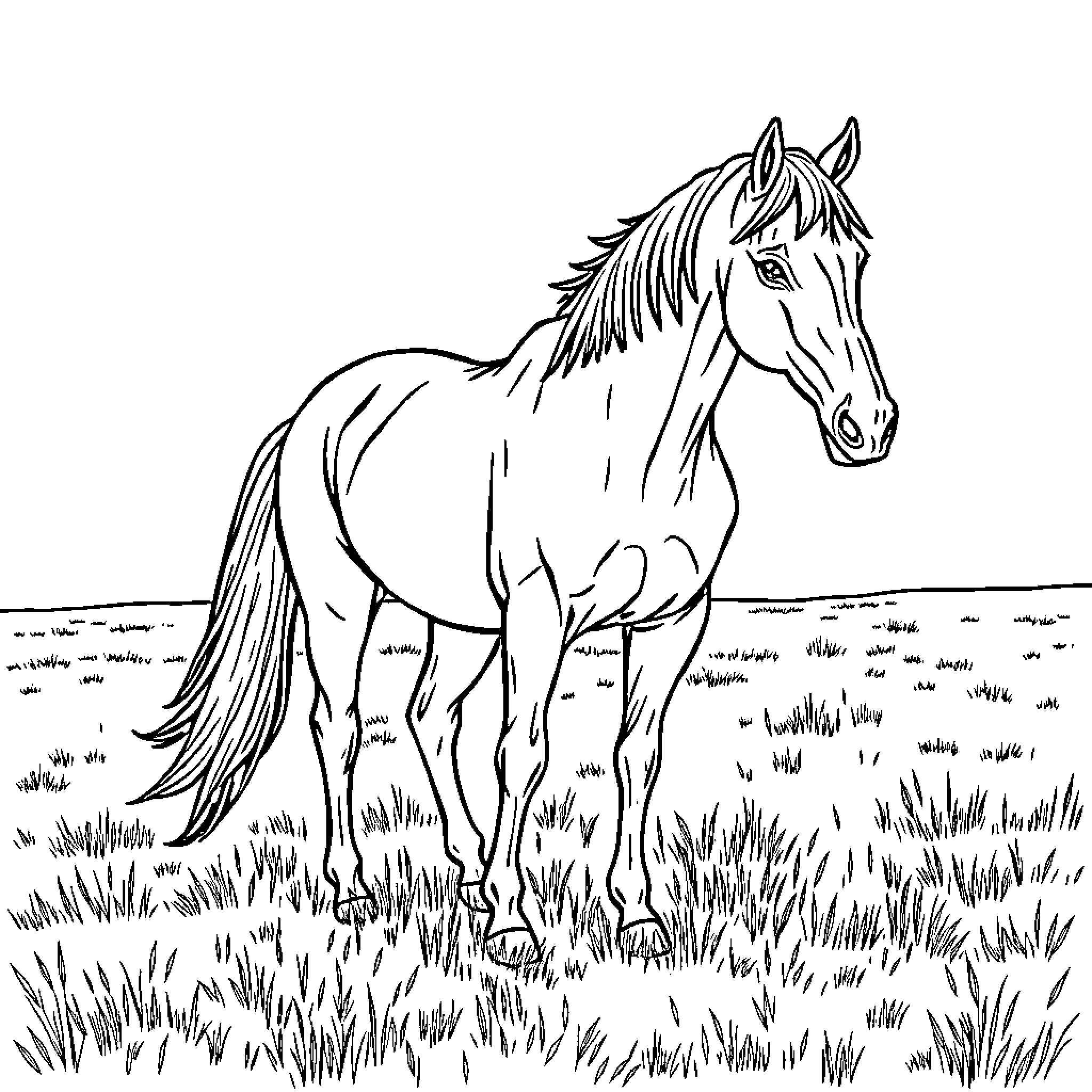 Horse Standing Tall in Grassy Field Coloring Page (free black-and-white line drawing printable PDF for all, from beginners to advanced learners, including children, teens, adults, and seniors)