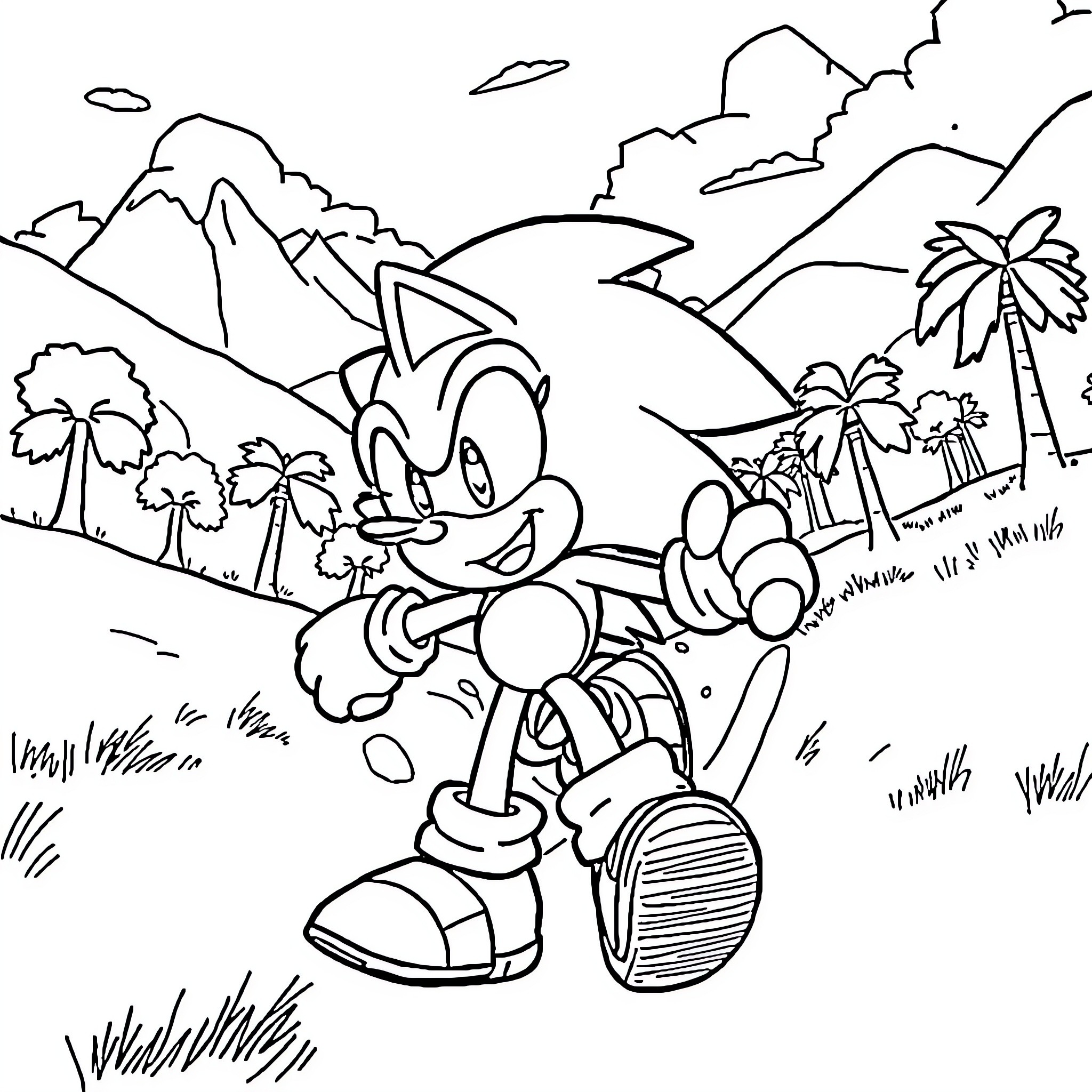 Sonic exploring the tropical landscape Coloring Page (free black-and-white line drawing printable PDF for all, from beginners to advanced learners, including children, teens, adults, and seniors)