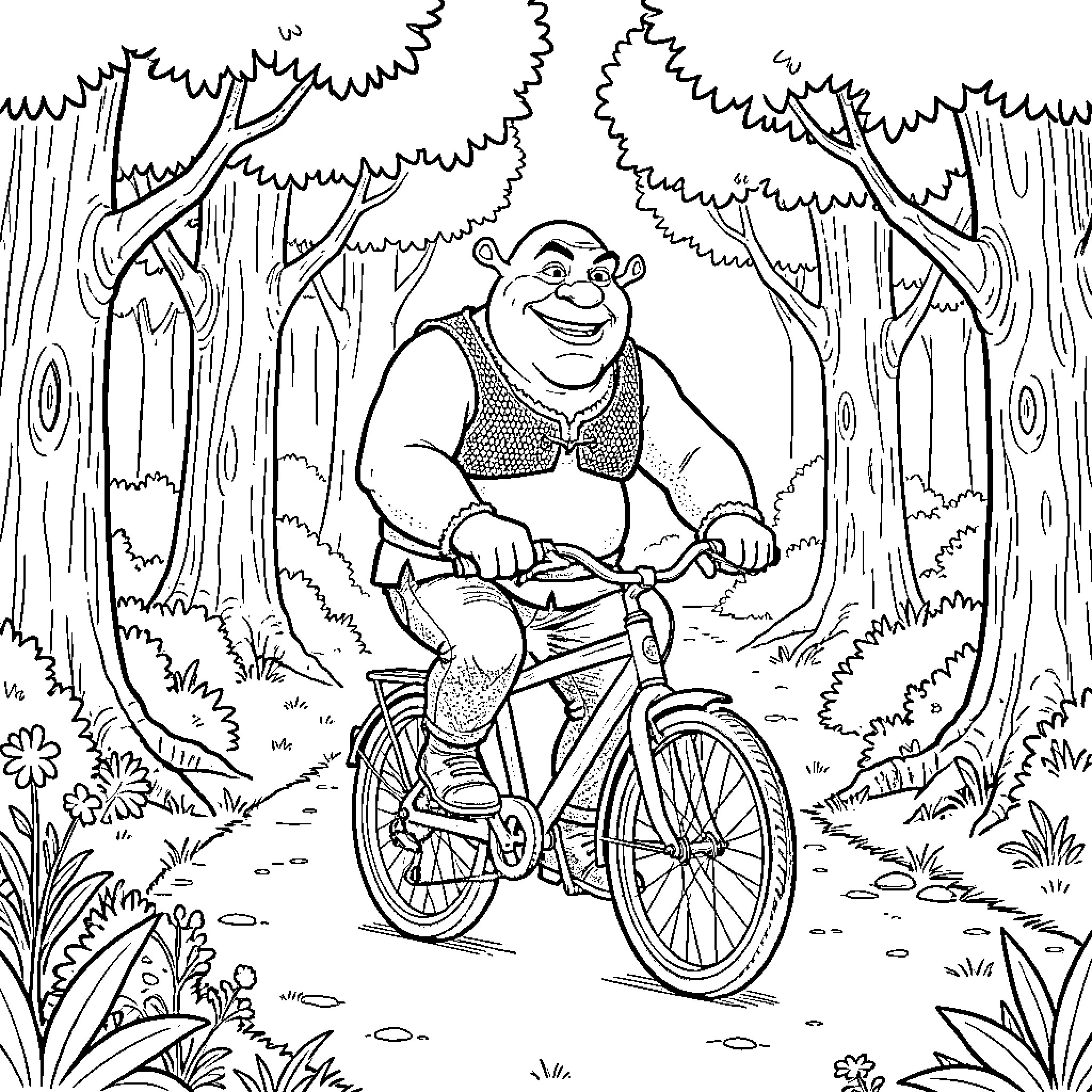 Shrek riding a bicycle through the enchanted forest Coloring Page (free black-and-white line drawing printable PDF for all, from beginners to advanced learners, including children, teens, adults, and seniors)