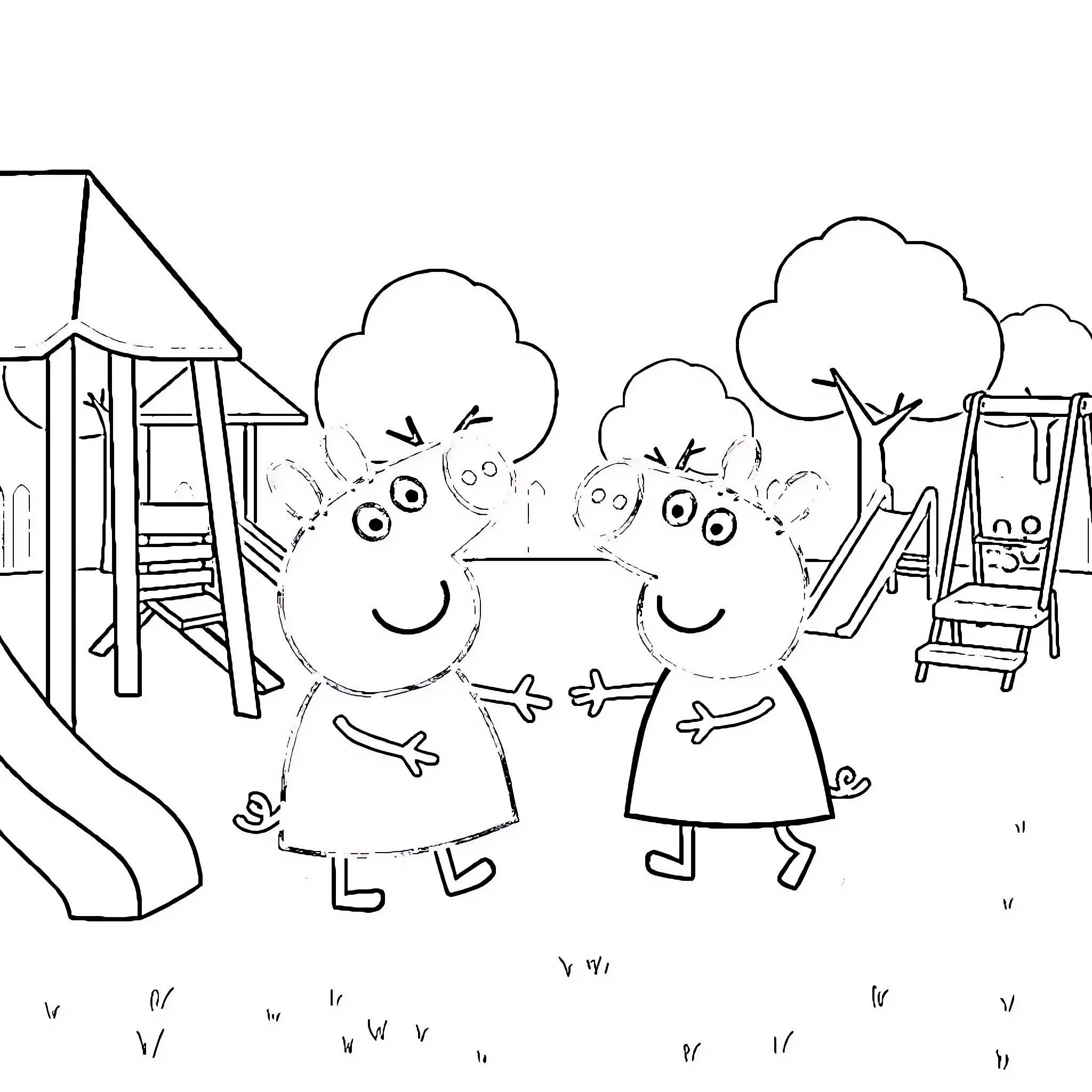 Peppa Pig and friends enjoy the playground Coloring Page (free black-and-white line drawing printable PDF for all, from beginners to advanced learners, including children, teens, adults, and seniors)