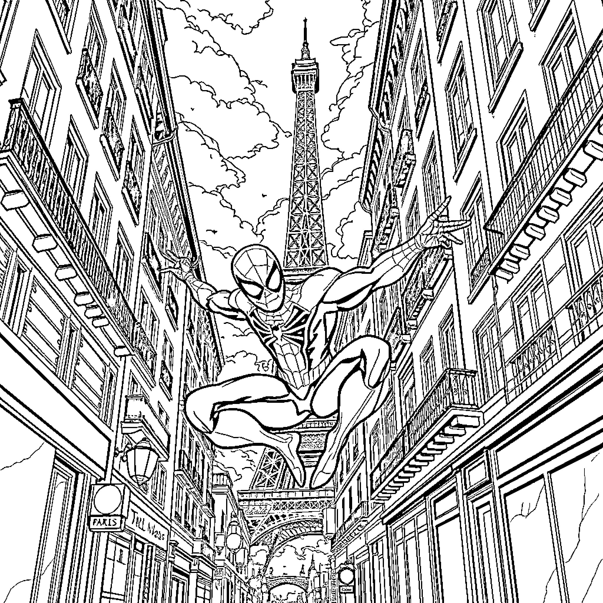 Spiderman swinging through the streets of Paris Coloring Page (free black-and-white line drawing printable PDF for all, from beginners to advanced learners, including children, teens, adults, and seniors)
