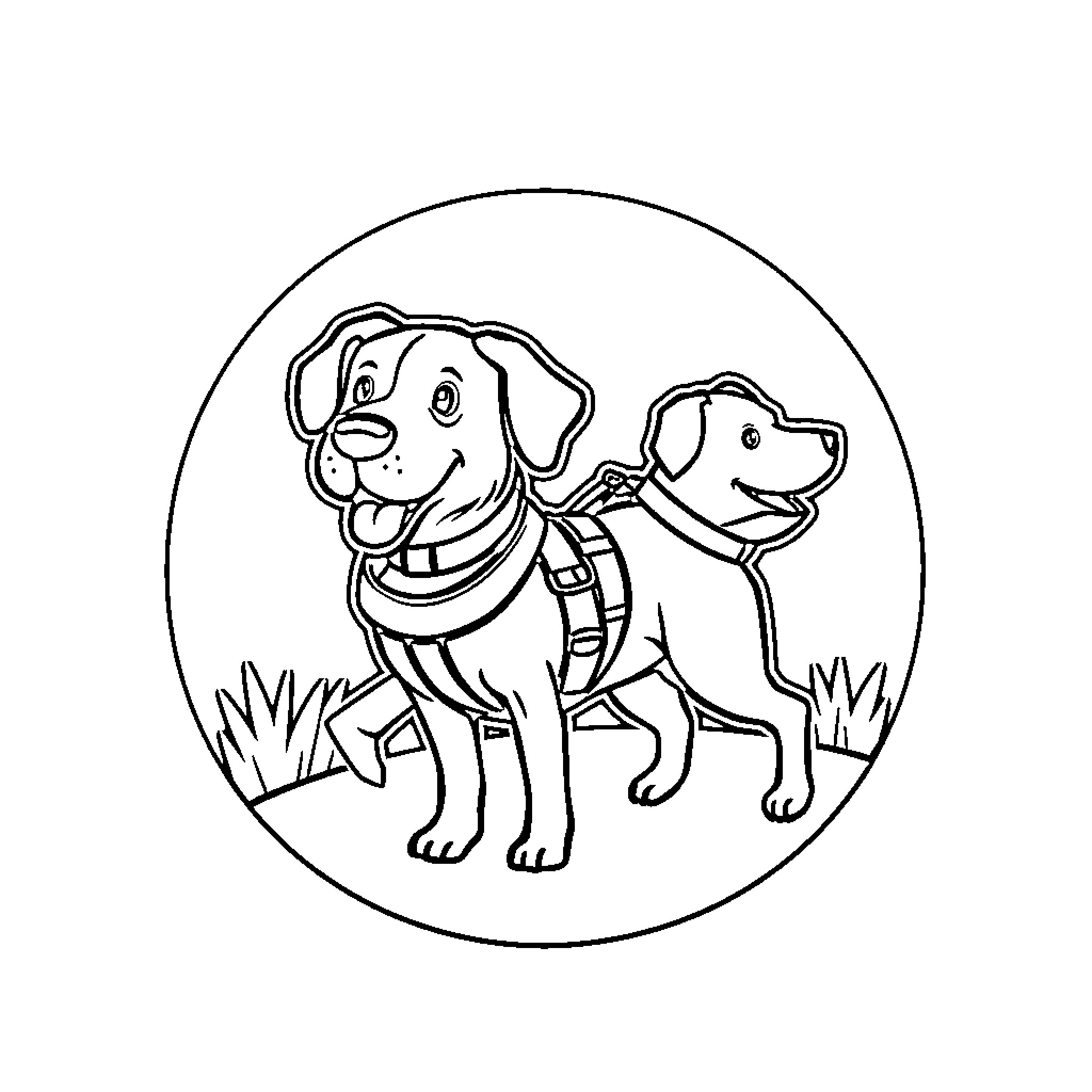 Dog friends playing together in the park Coloring Page (free black-and-white line drawing printable PDF for all, from beginners to advanced learners, including children, teens, adults, and seniors)