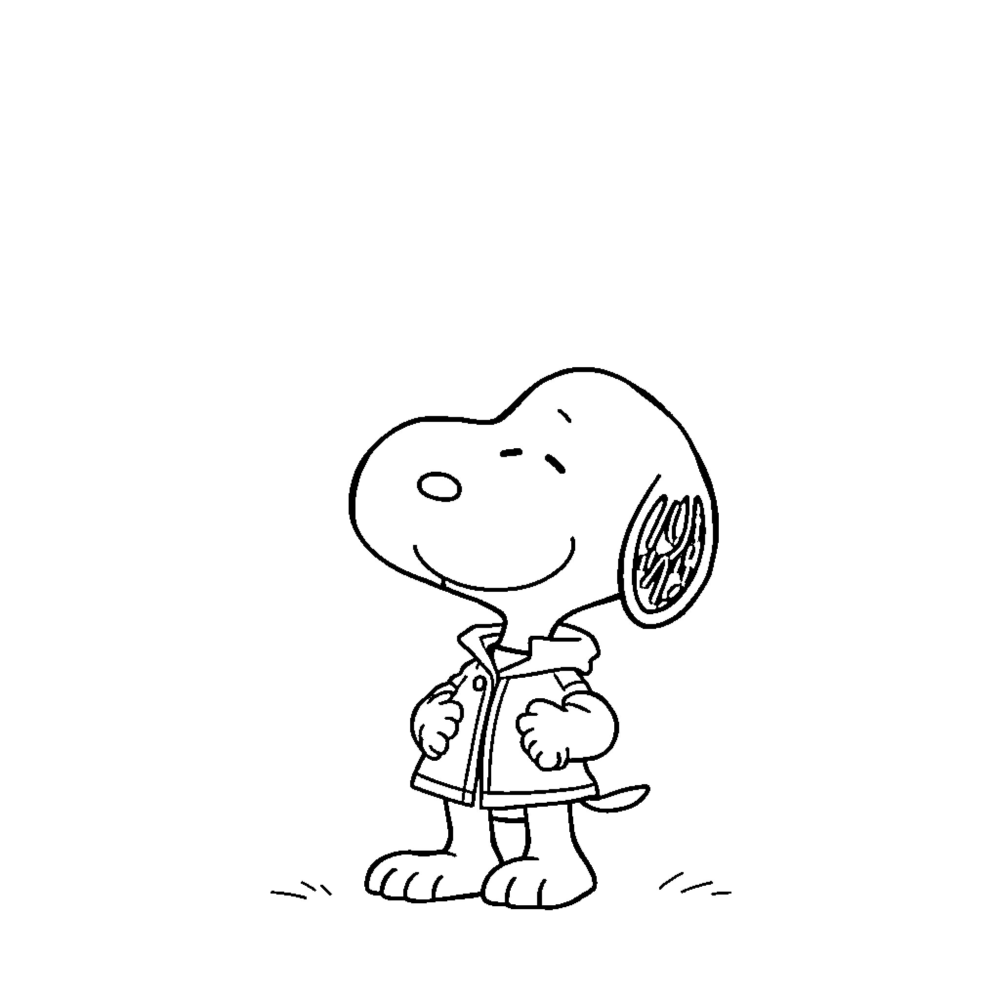 Snoopy happily dancing with a music instrument Coloring Page (free black-and-white line drawing printable PDF for all, from beginners to advanced learners, including children, teens, adults, and seniors)