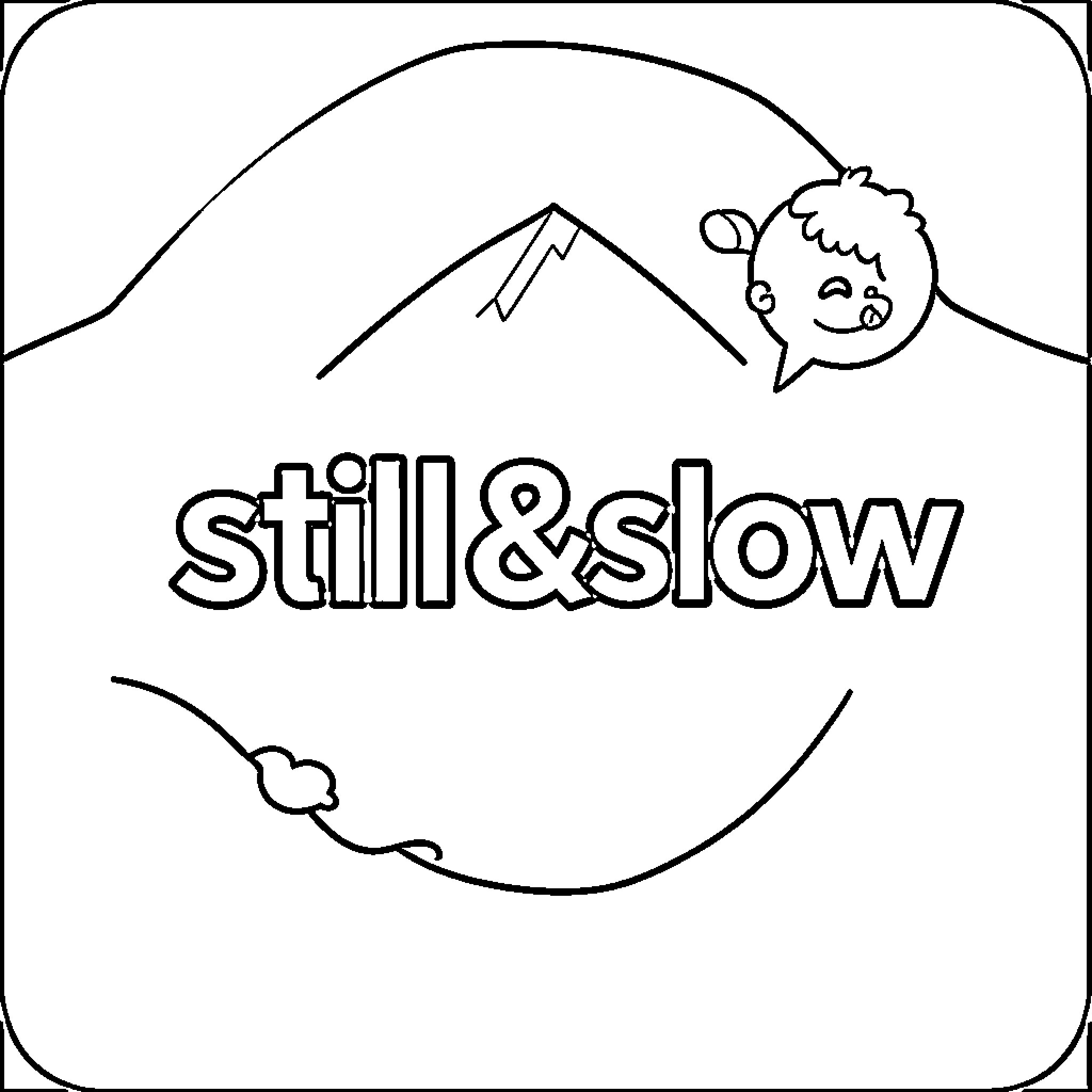 Concept of still and slow in the mountains Coloring Page (free black-and-white line drawing printable PDF for all, from beginners to advanced learners, including children, teens, adults, and seniors)