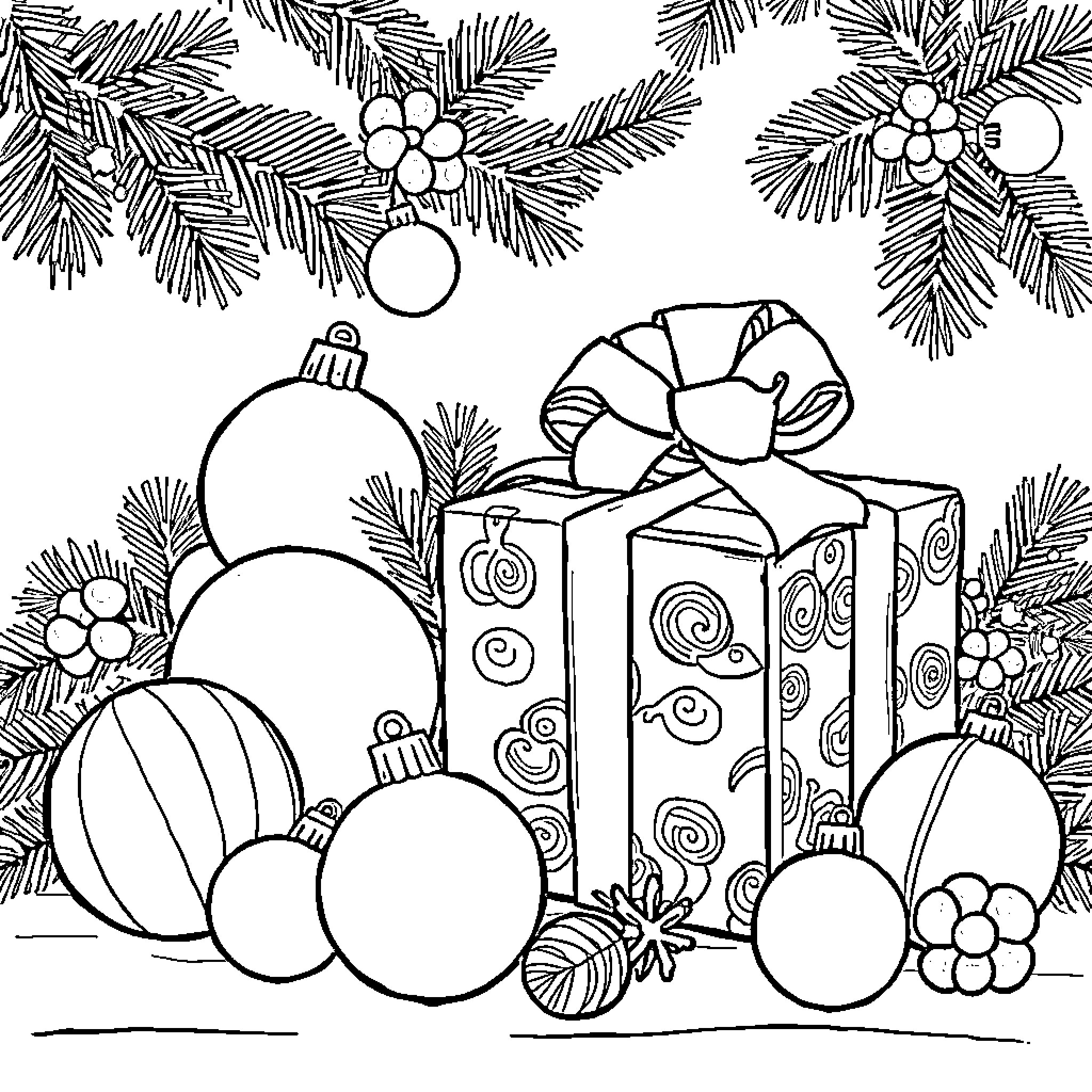 Christmas Ornaments and Gift Box Surrounded by Pine Branches Coloring Page (free black-and-white line drawing printable PDF for all, from beginners to advanced learners, including children, teens, adults, and seniors)