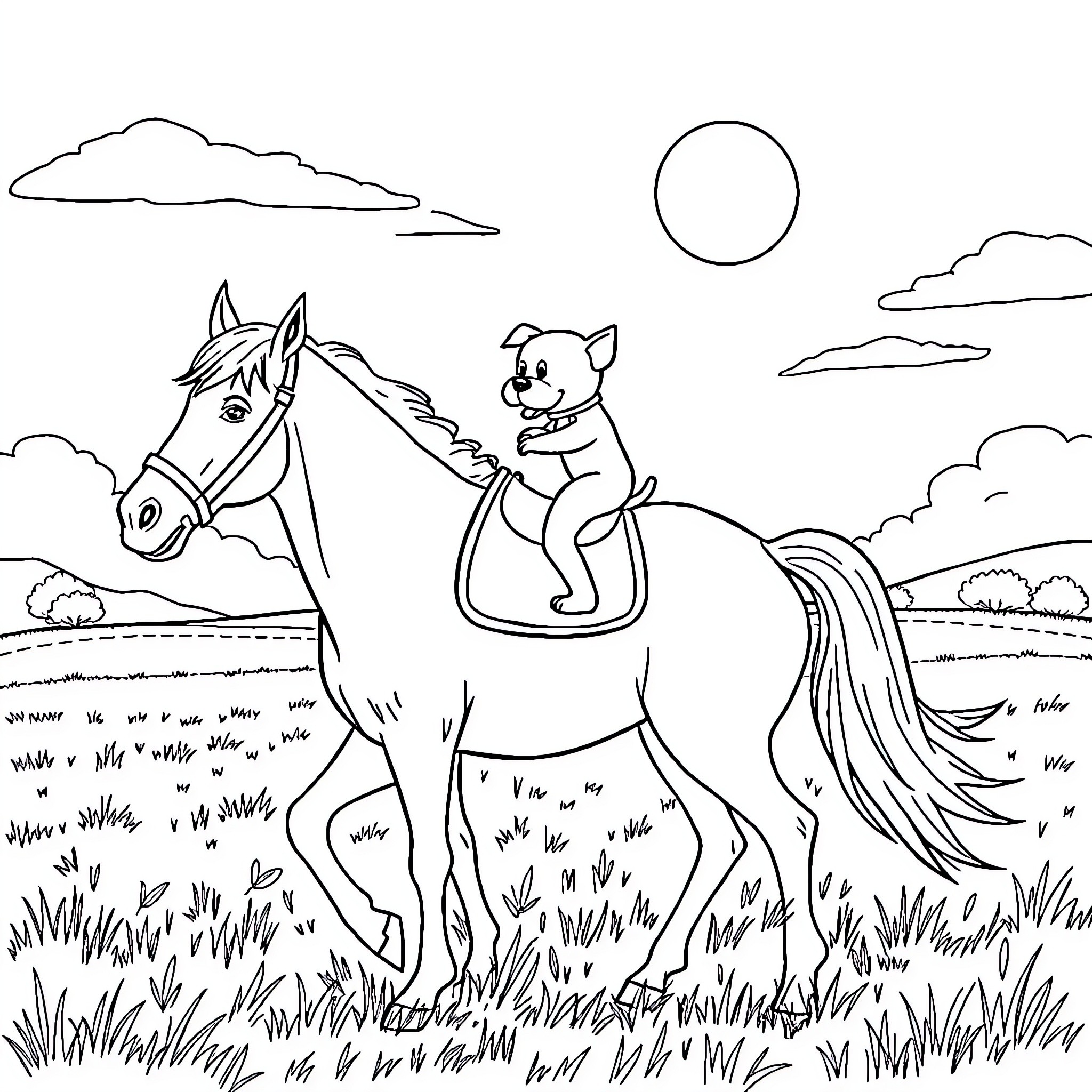 Dog riding a horse through grassy field Coloring Page (free black-and-white line drawing printable PDF for all, from beginners to advanced learners, including children, teens, adults, and seniors)