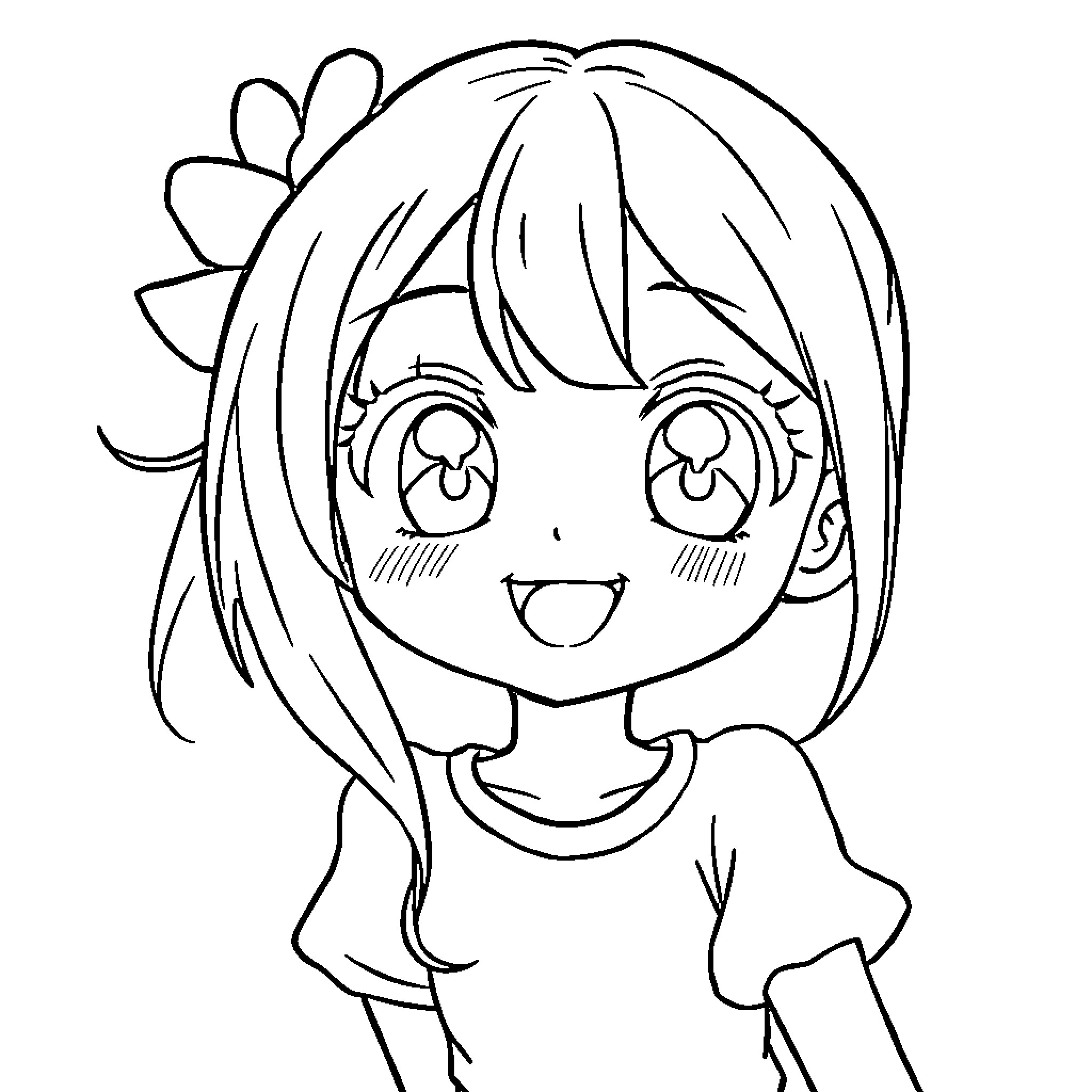 Anime Girl with Floral Hair Accessories Smiling Cheerfully Coloring Page (free black-and-white line drawing printable PDF for all, from beginners to advanced learners, including children, teens, adults, and seniors)