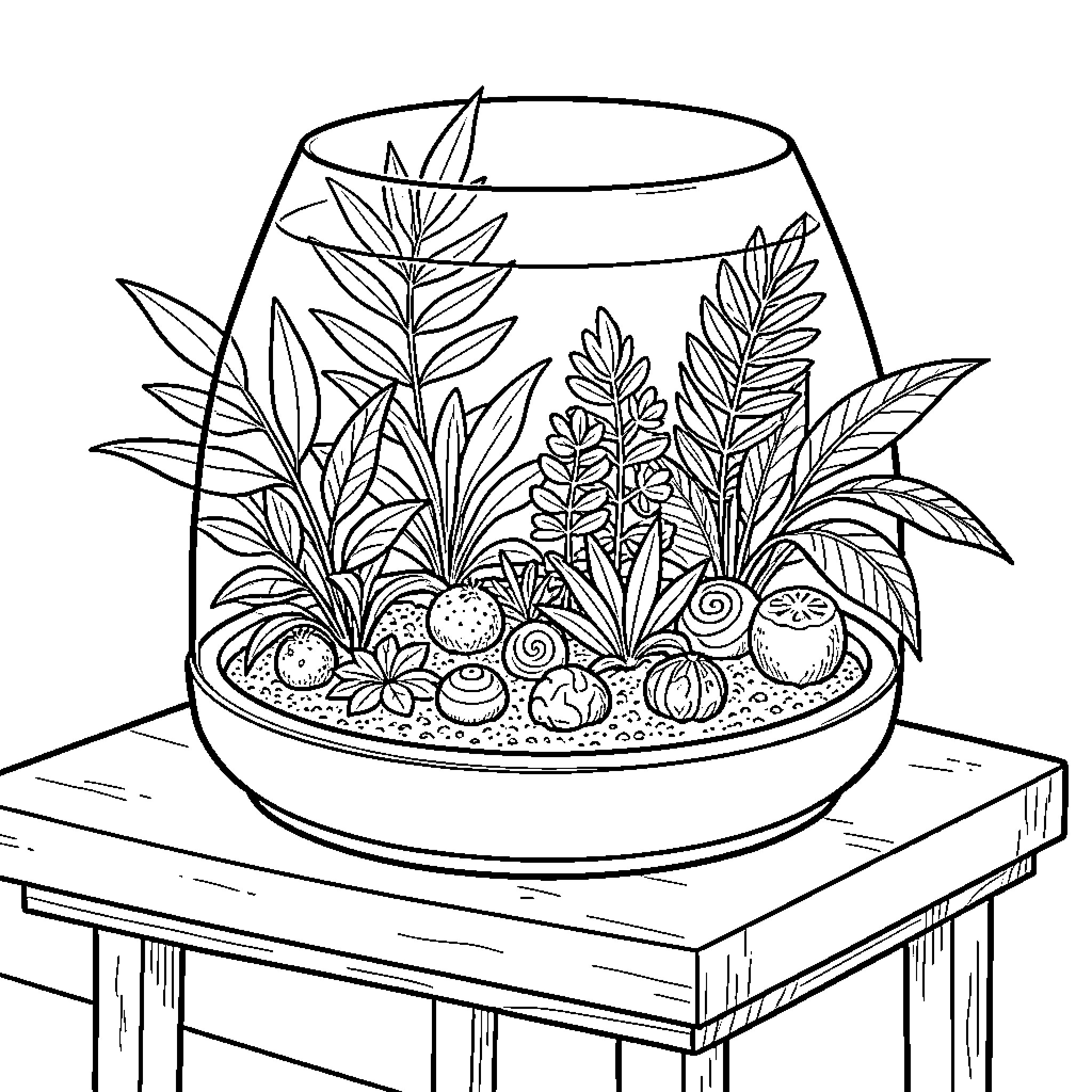 Terrarium containing lush various plants inside a glass bowl Coloring Page (free black-and-white line drawing printable PDF for all, from beginners to advanced learners, including children, teens, adults, and seniors)