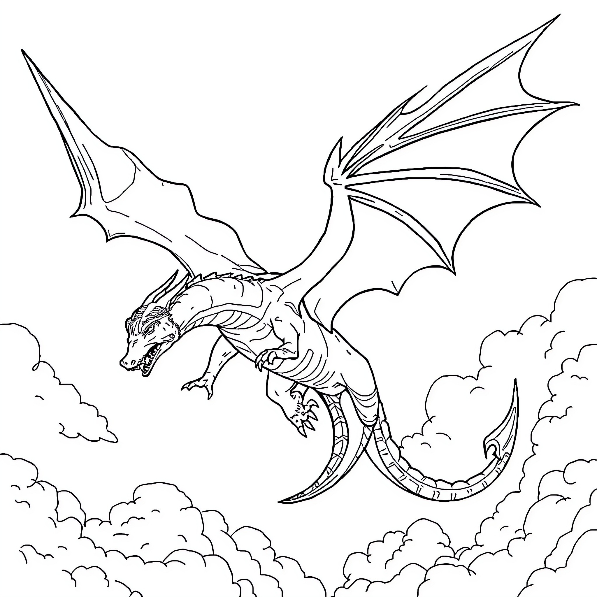 Dragon soaring through the clouds Coloring Page (free black-and-white line drawing printable PDF for all, from beginners to advanced learners, including children, teens, adults, and seniors)