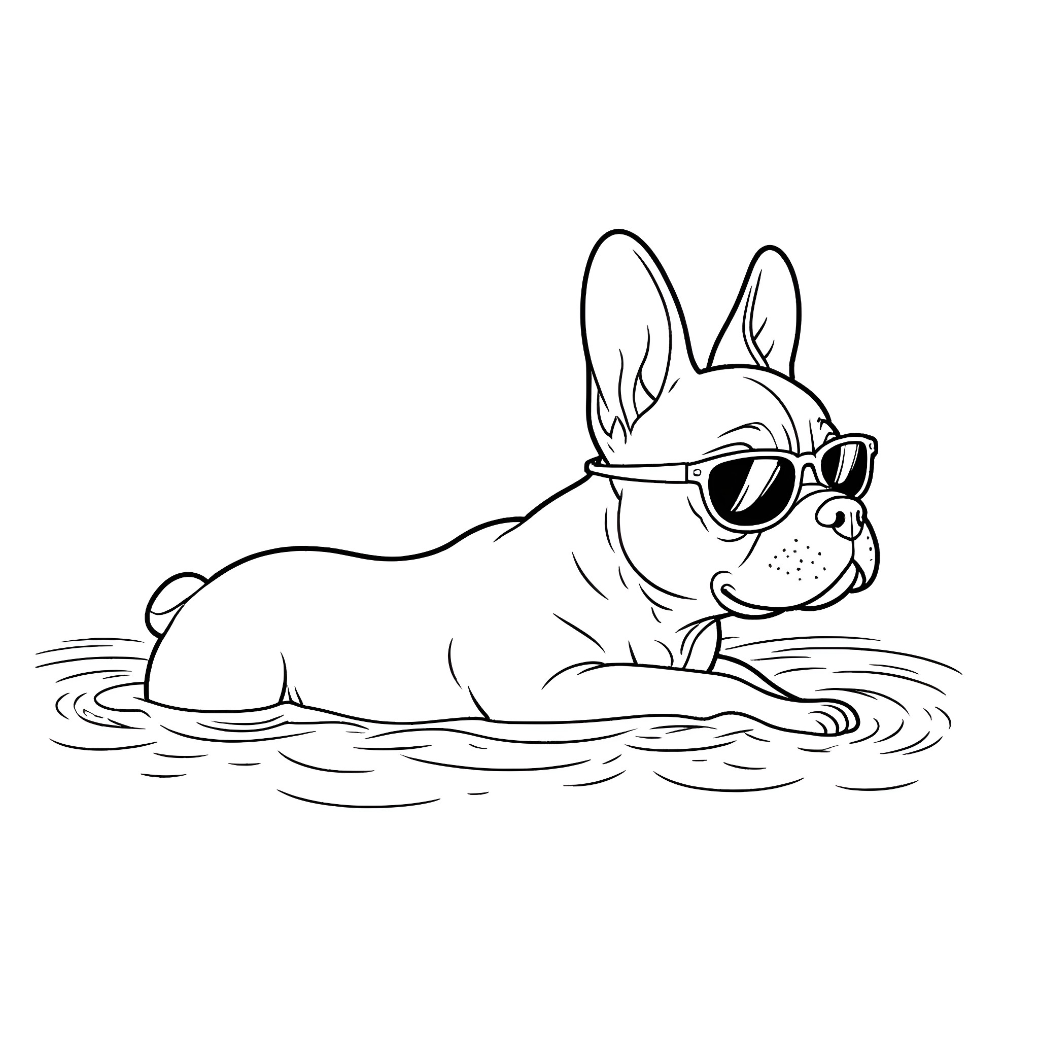 French Bulldog relaxing in the pool wearing sunglasses Coloring Page (free black-and-white line drawing printable PDF for all, from beginners to advanced learners, including children, teens, adults, and seniors)