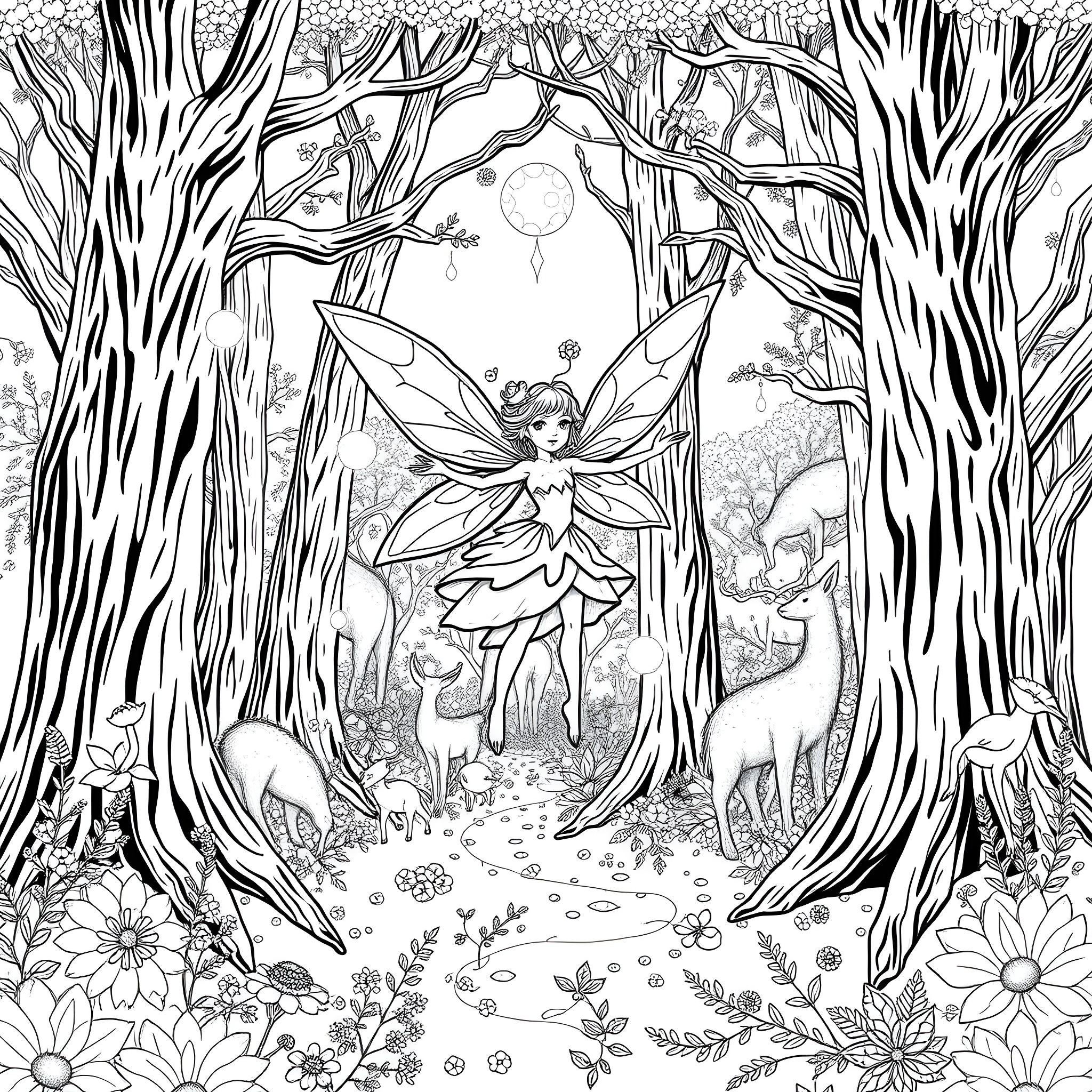Fairy dancing gracefully in the enchanted forest Coloring Page (free black-and-white line drawing printable PDF for all, from beginners to advanced learners, including children, teens, adults, and seniors)