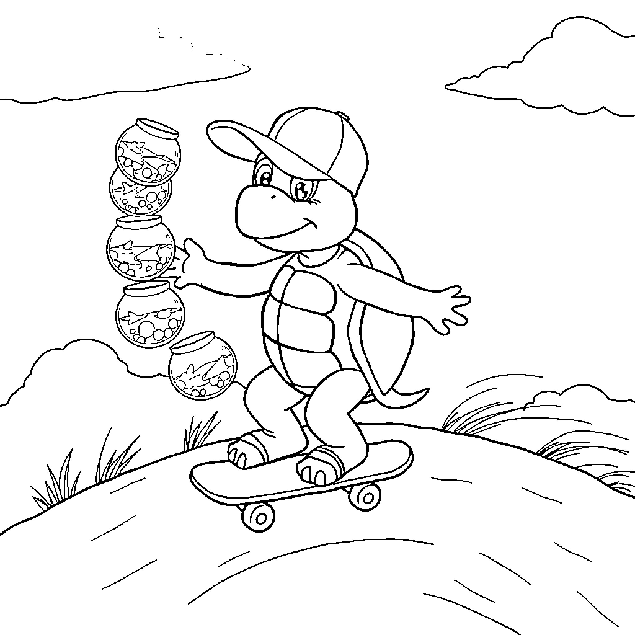 Turtle riding a skateboard with ornaments Coloring Page (free black-and-white line drawing printable PDF for all, from beginners to advanced learners, including children, teens, adults, and seniors)