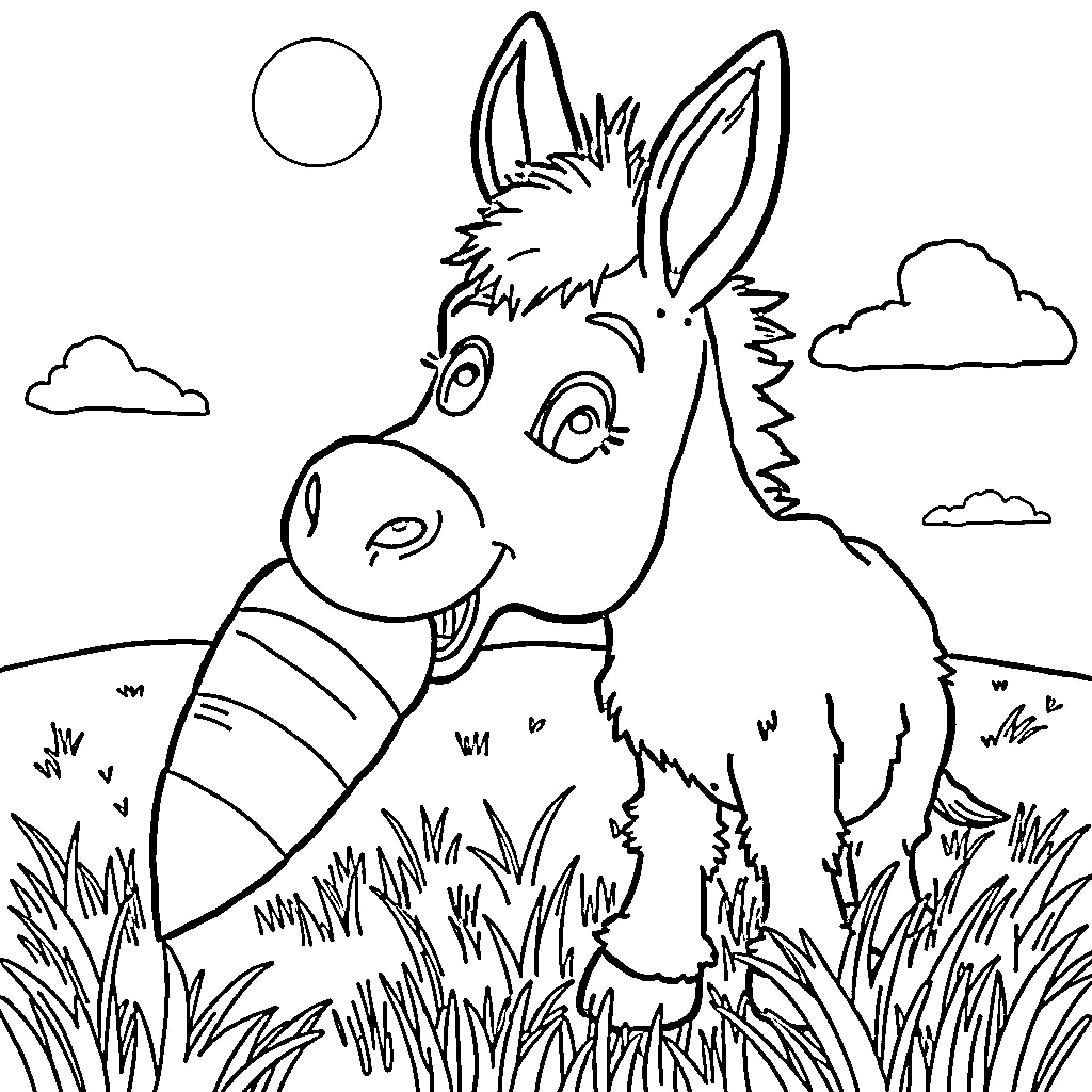 Donkey enjoying the outdoors in a field Coloring Page (free black-and-white line drawing printable PDF for all, from beginners to advanced learners, including children, teens, adults, and seniors)