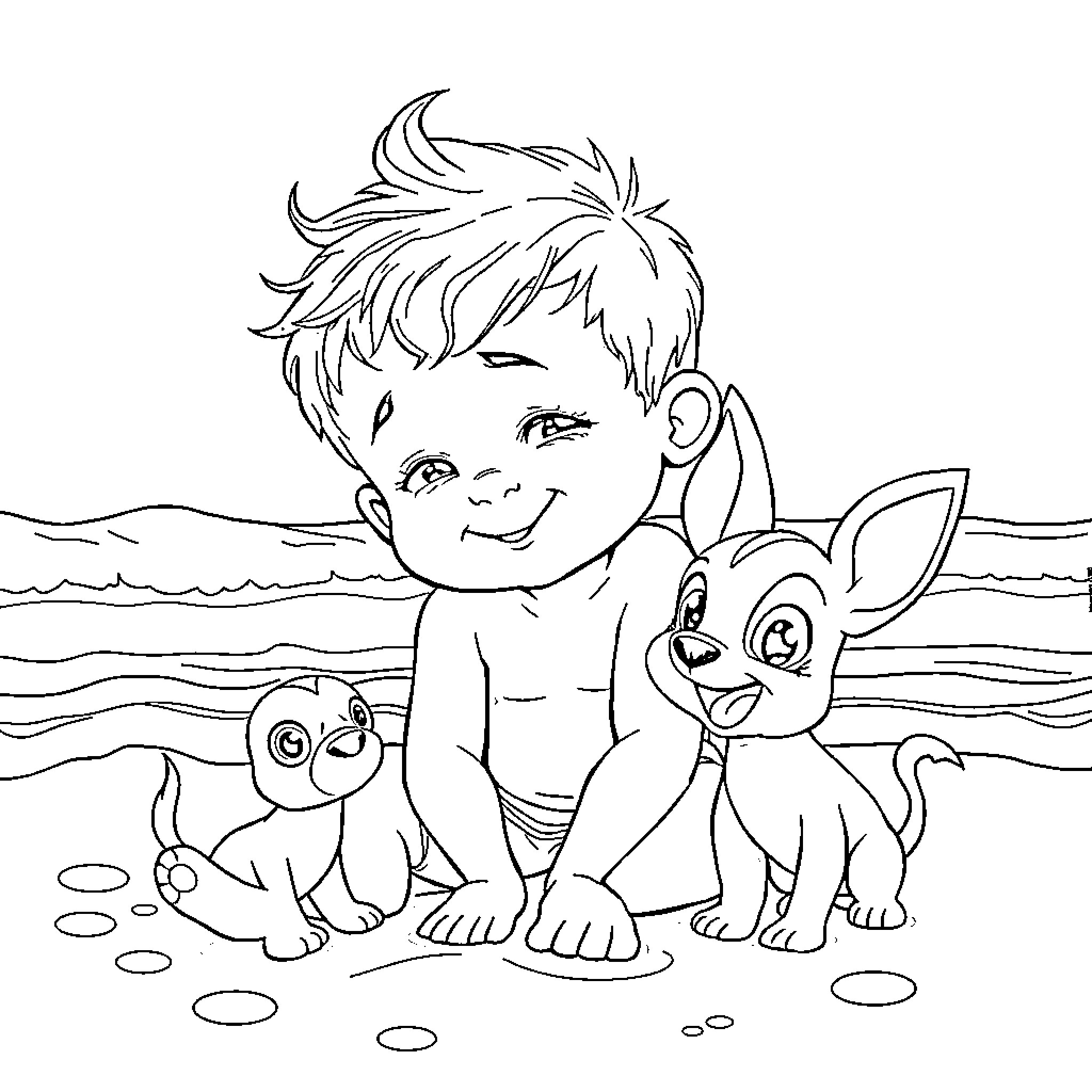 Niño playing happily with animal friends on the beach Coloring Page (free black-and-white line drawing printable PDF for all, from beginners to advanced learners, including children, teens, adults, and seniors)