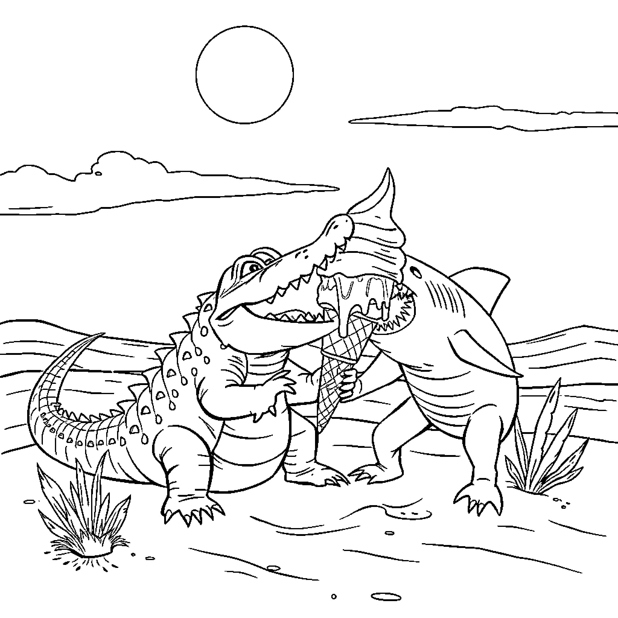 Alligator hunting aggressively in the wild Coloring Page (free black-and-white line drawing printable PDF for all, from beginners to advanced learners, including children, teens, adults, and seniors)