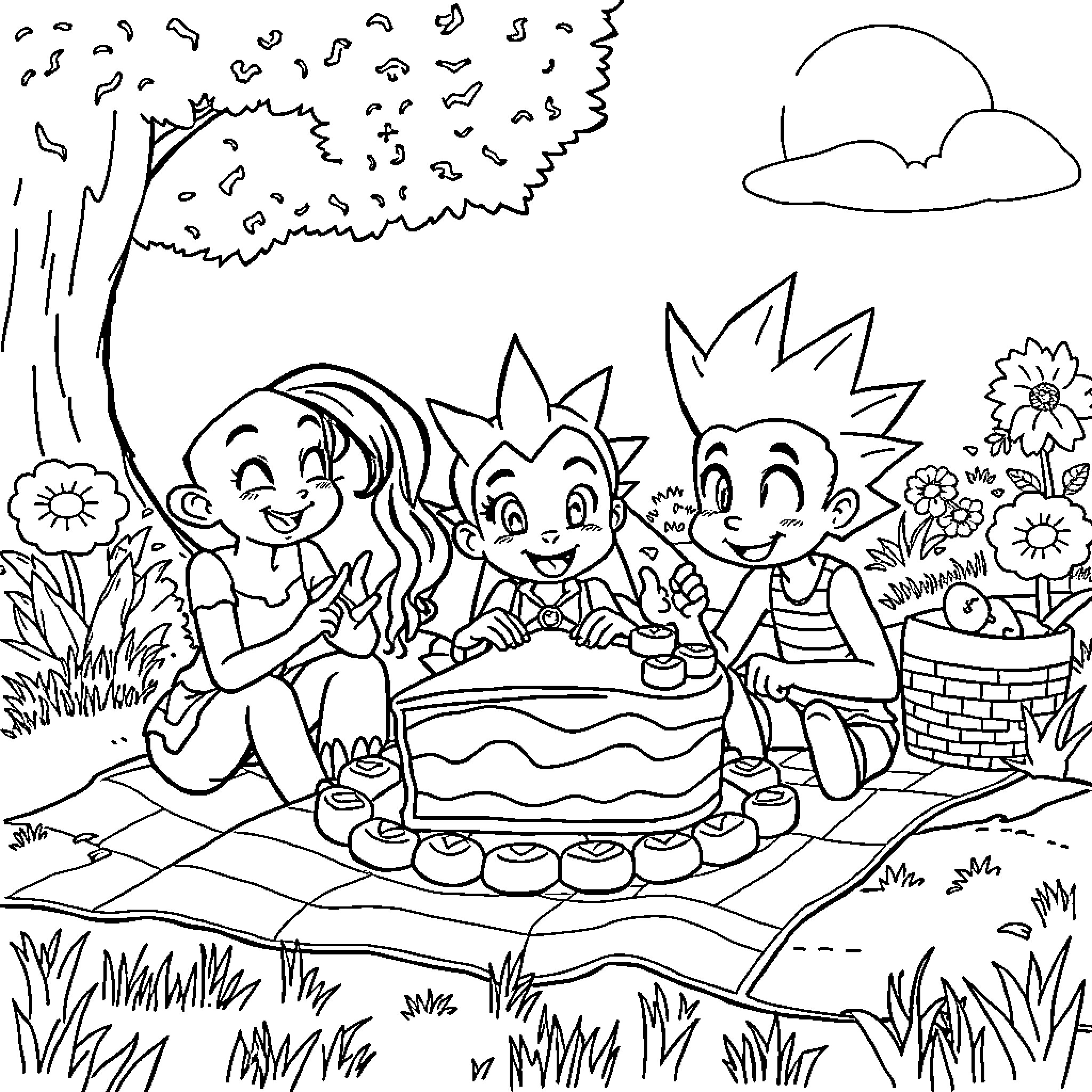 Pie Picnic with Cheerful Children in the Park Coloring Page (free black-and-white line drawing printable PDF for all, from beginners to advanced learners, including children, teens, adults, and seniors)