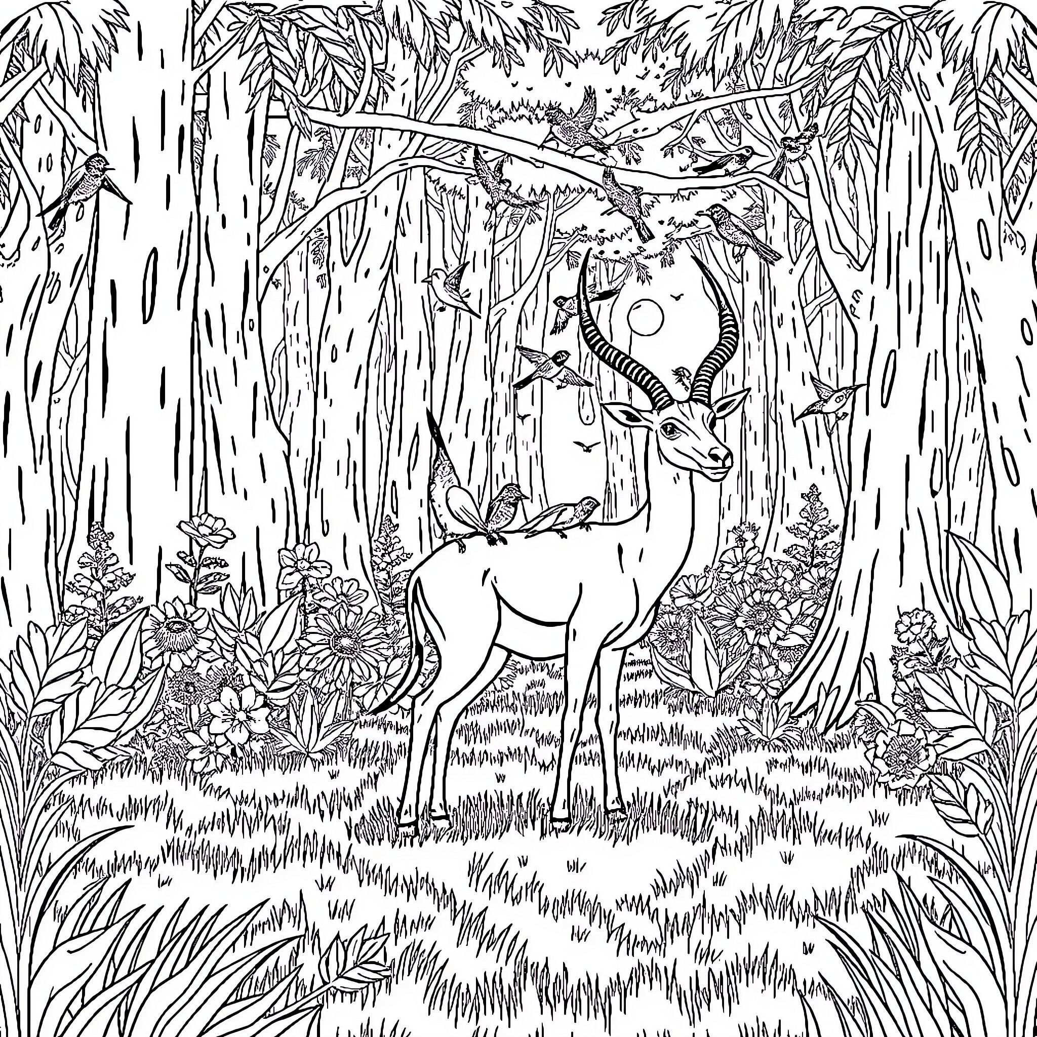 Antelope standing gracefully in lush forest Coloring Page (free black-and-white line drawing printable PDF for all, from beginners to advanced learners, including children, teens, adults, and seniors)
