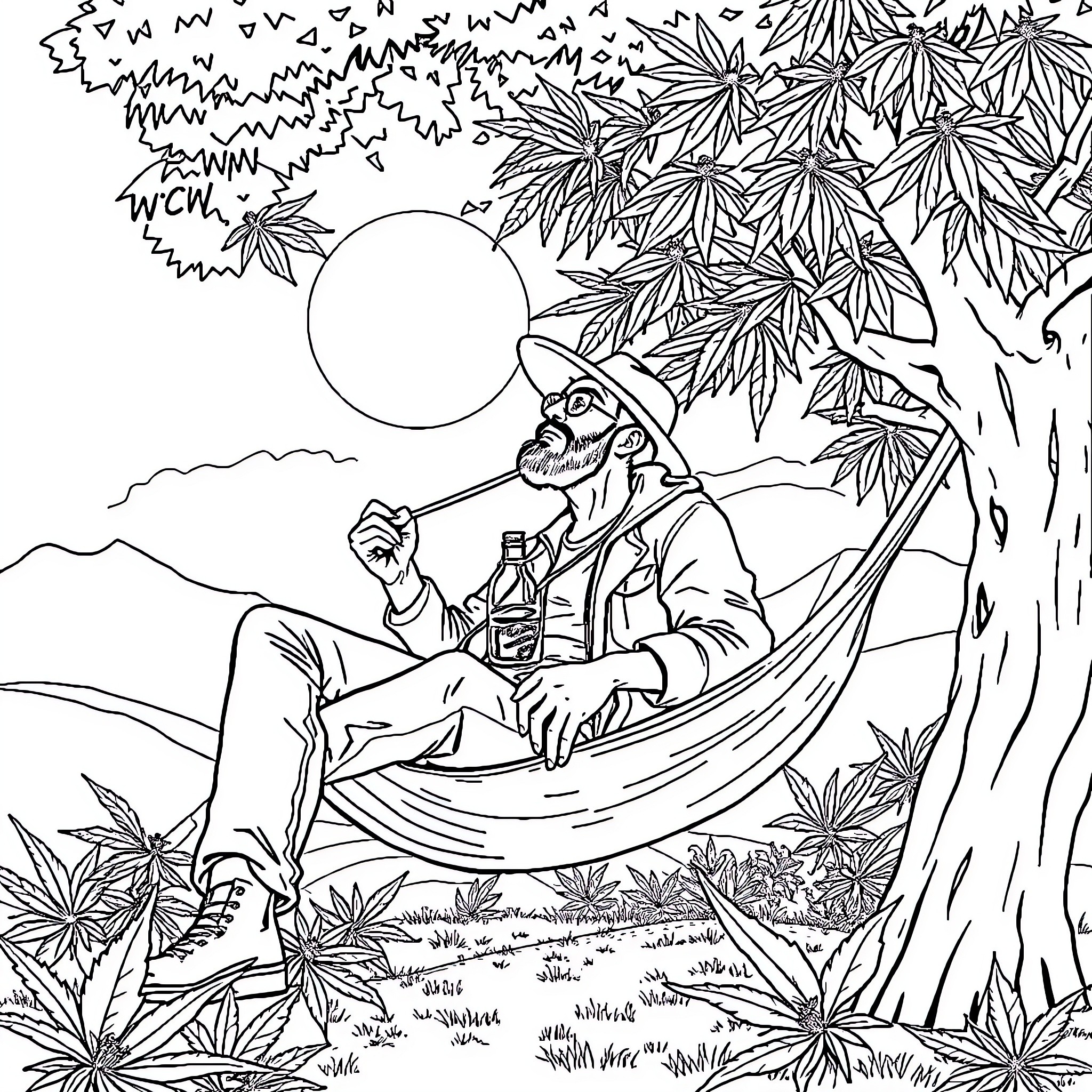 Dealer relaxing in a hammock under a tree Coloring Page (free black-and-white line drawing printable PDF for all, from beginners to advanced learners, including children, teens, adults, and seniors)