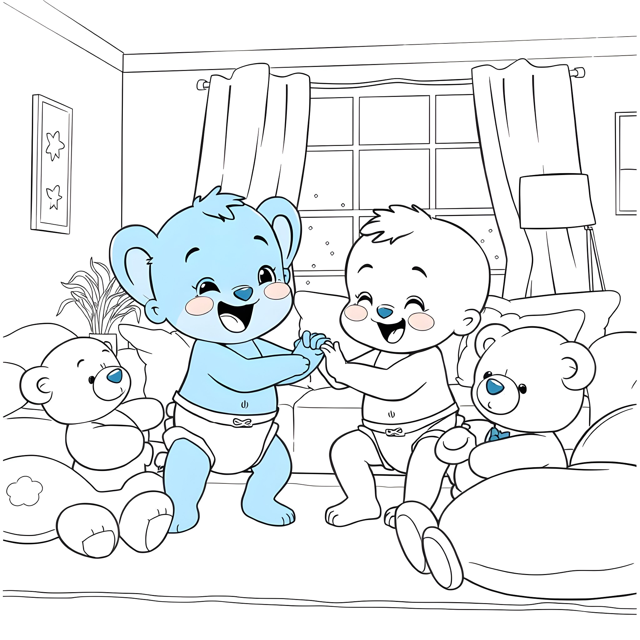 Bluey and friends having a fun playtime Coloring Page (free black-and-white line drawing printable PDF for all, from beginners to advanced learners, including children, teens, adults, and seniors)