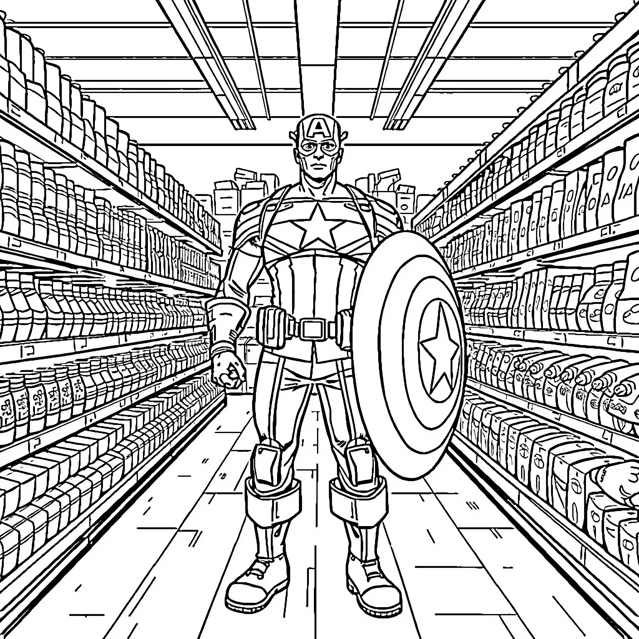 Captain America in a Supermarket Aisle Coloring Page (free black-and-white line drawing printable PDF for all, from beginners to advanced learners, including children, teens, adults, and seniors)